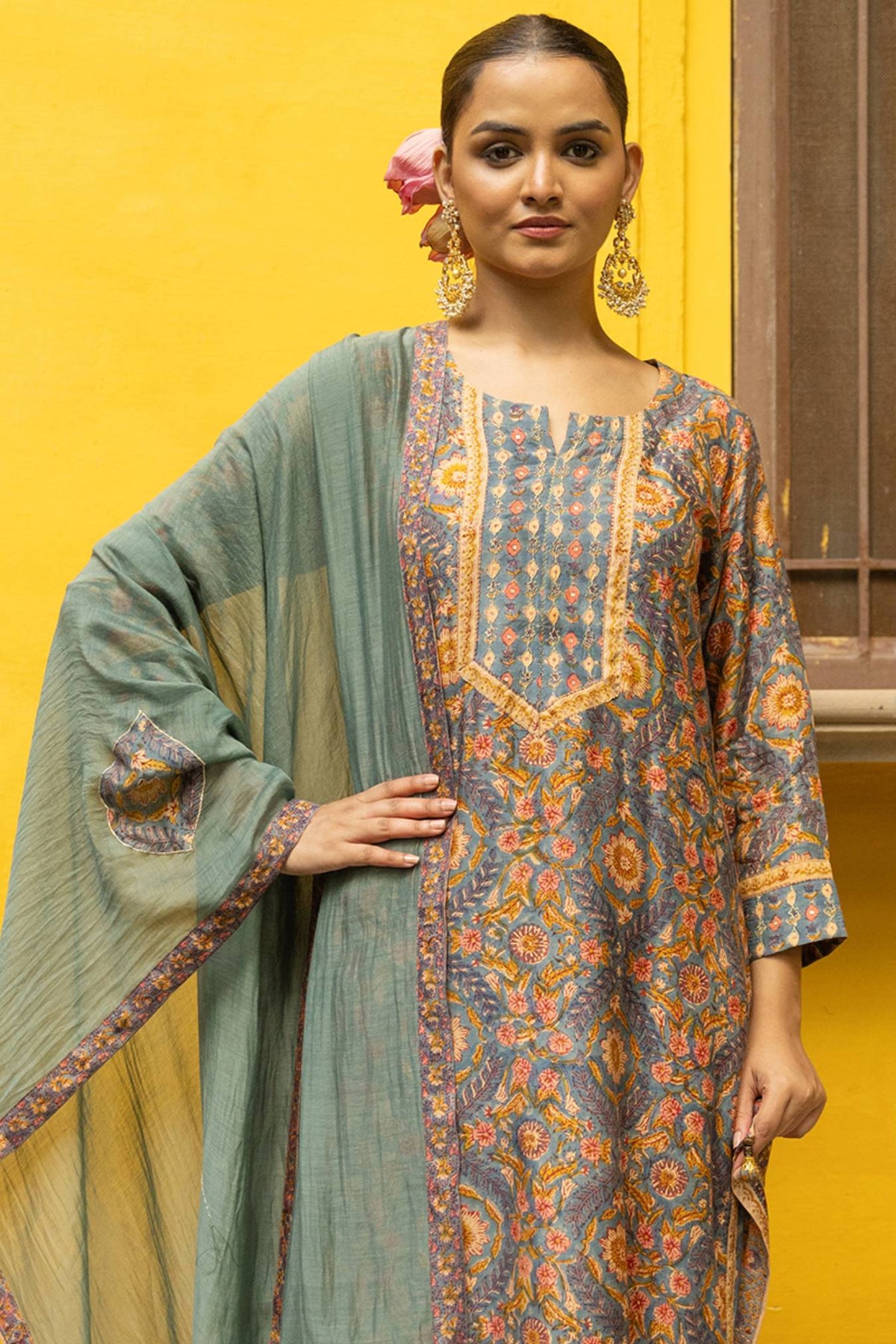 Mul Chanderi Patchwork Dupatta in Turquoise Green