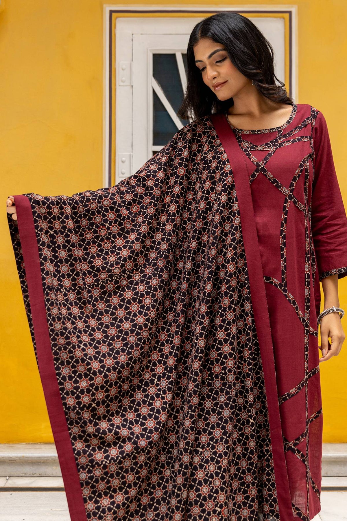 Cotton Ajrakh Print Dupatta with Plain Side Border and Tassels