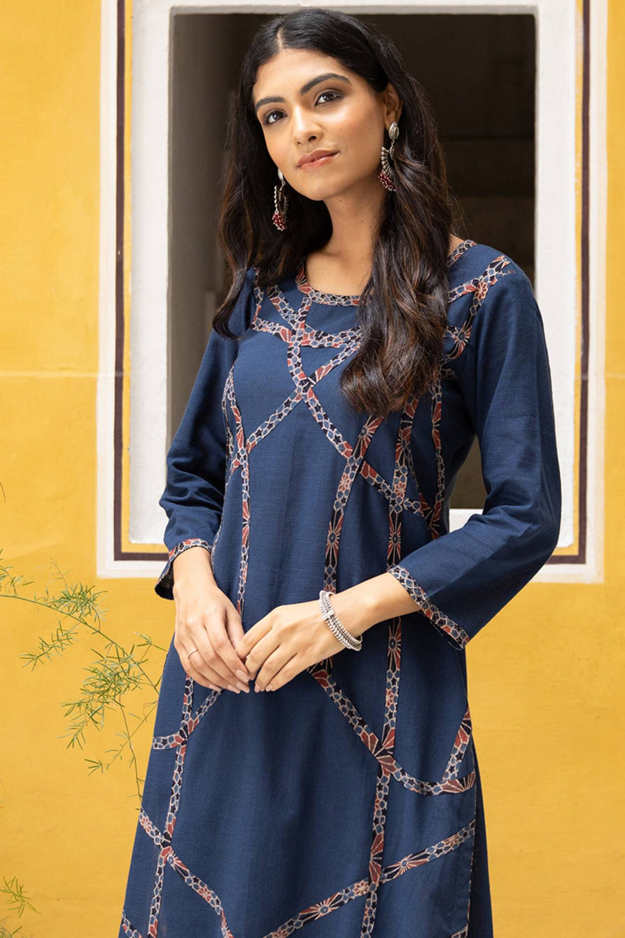 blue cotton long straight kurta for women