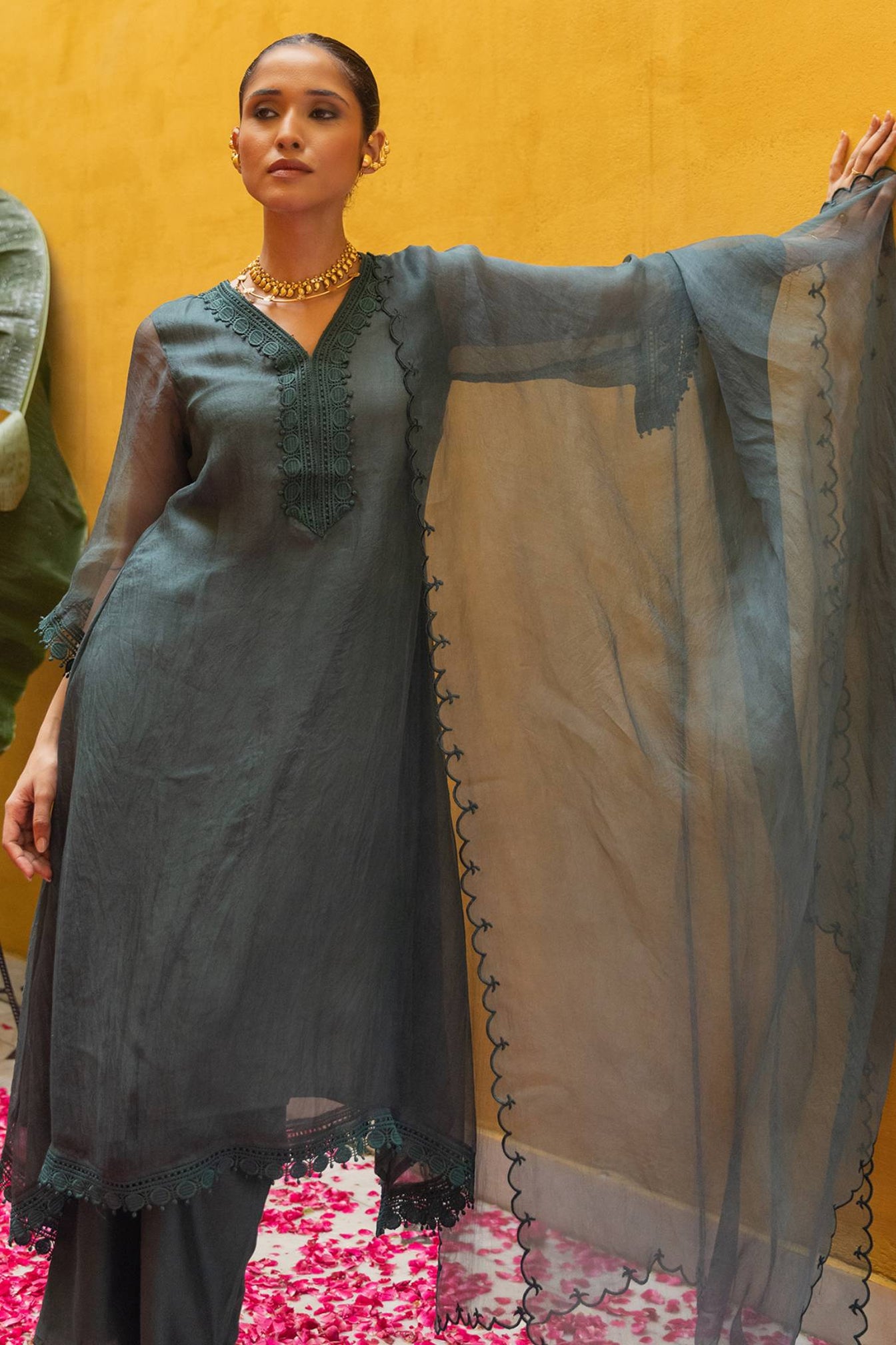 green organza suit