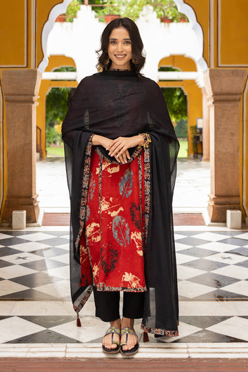 Black Cotton Dupatta with Ajrakh Printed Sides – Vishnu