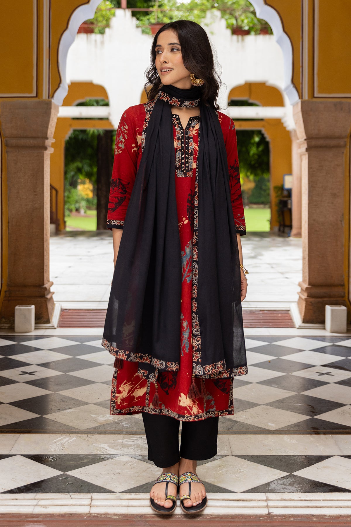 Black Cotton Dupatta with Ajrakh Printed Sides