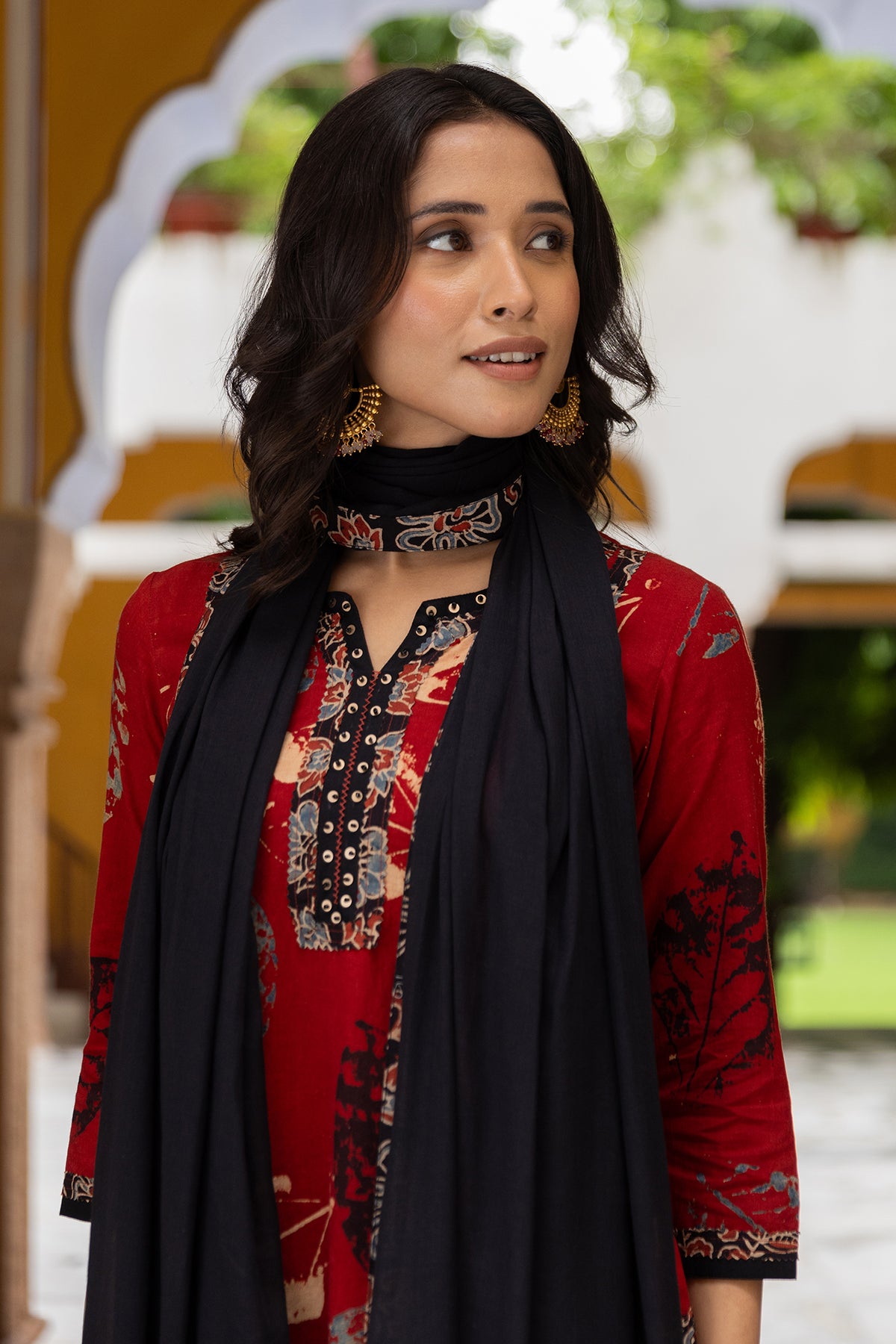 Black Cotton Dupatta with Ajrakh Printed Sides
