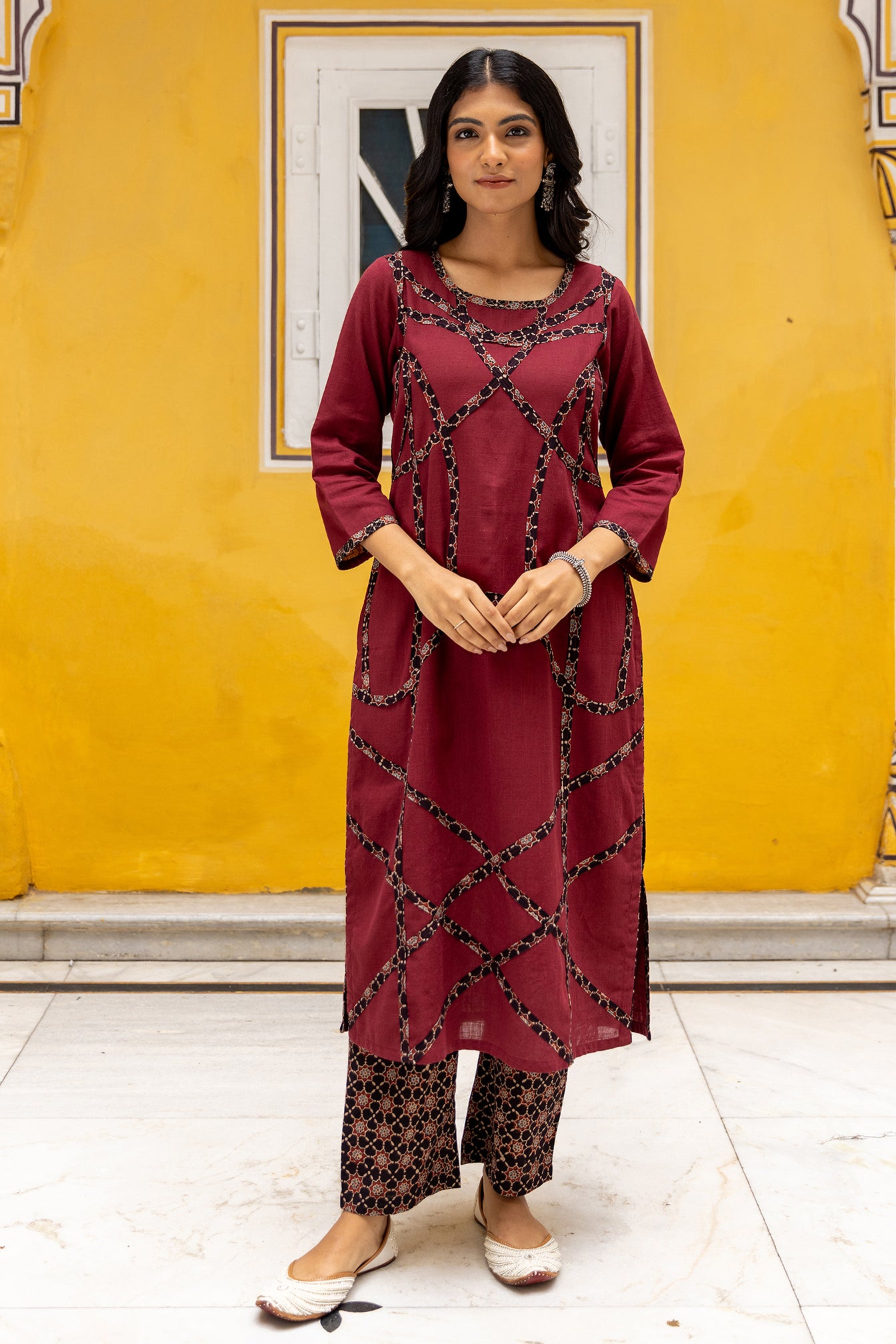 Maroon slub Cotton Kurta with Ajrakh Patchwork