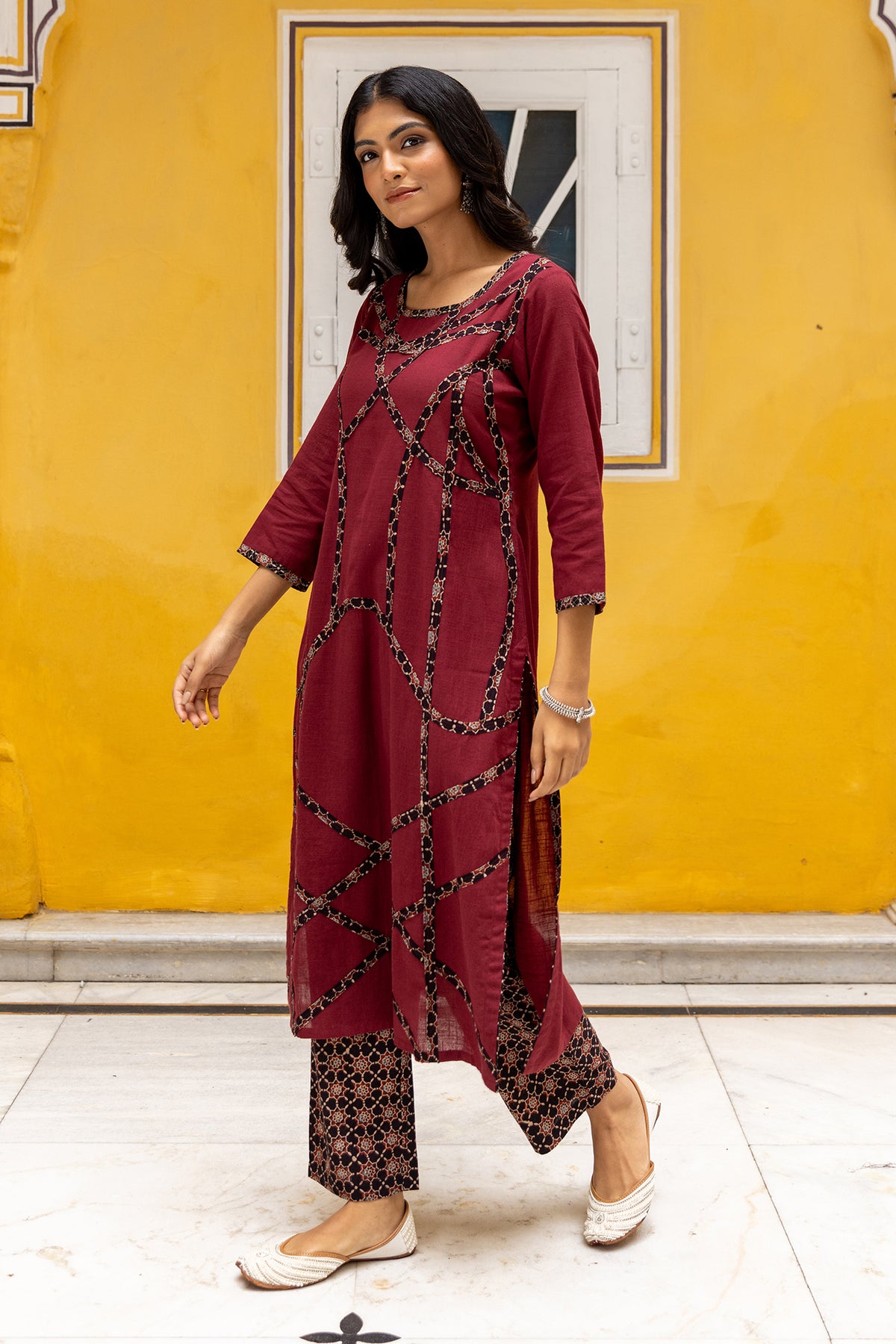 maroon slub cotton kurta for women