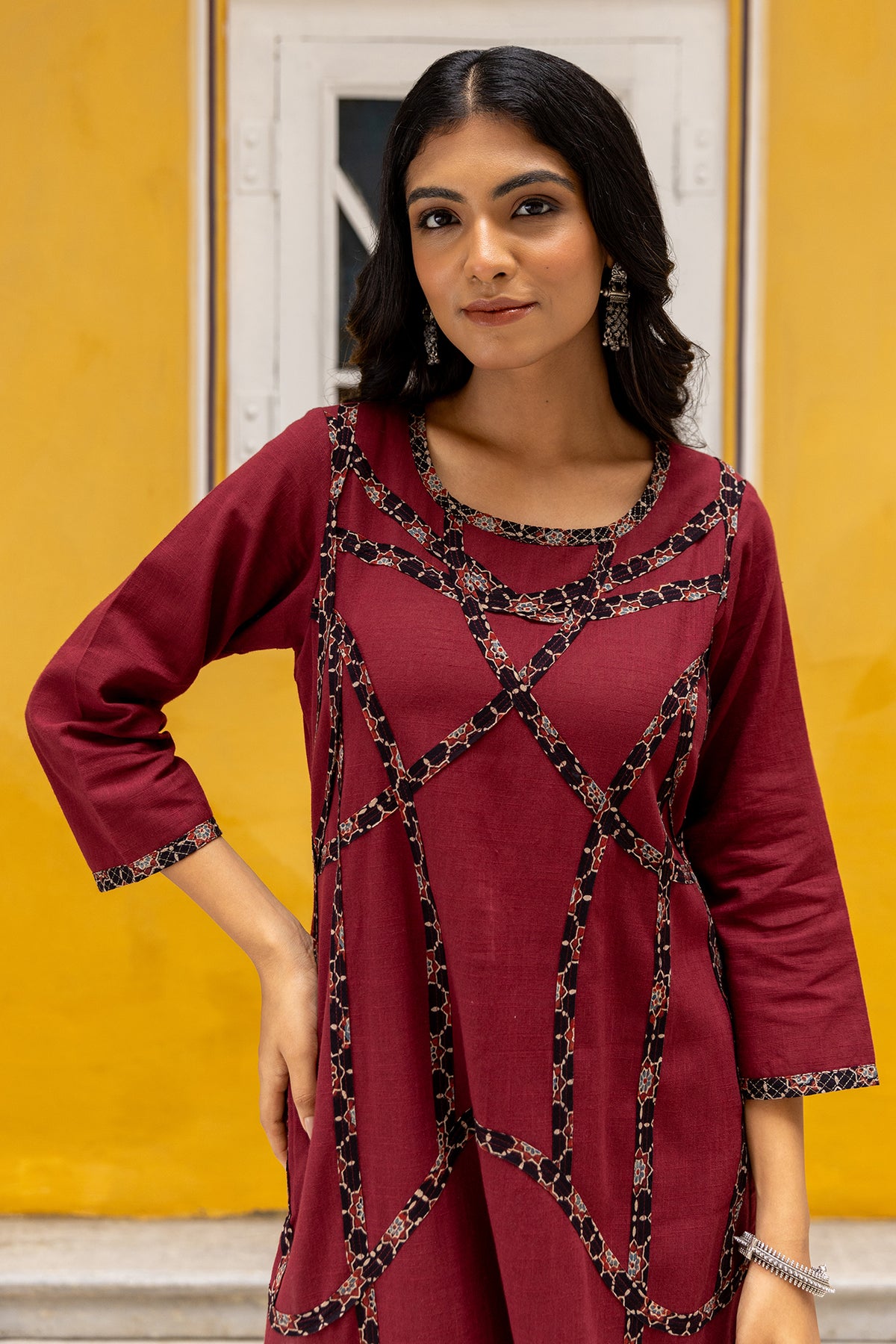 slub cotton kurta with ajrakh patchwork