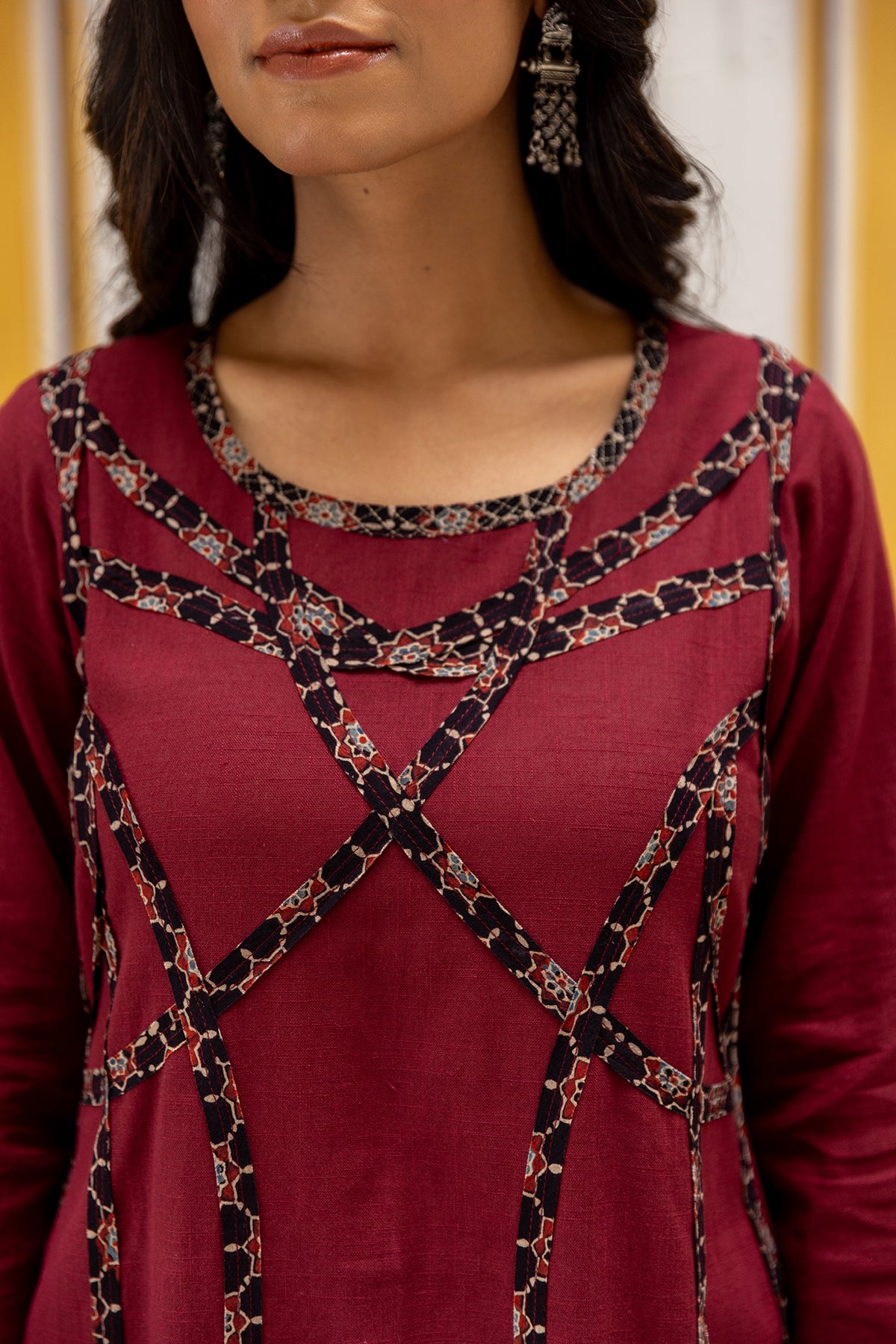 cotton kurta with ajrakh patchwork for women