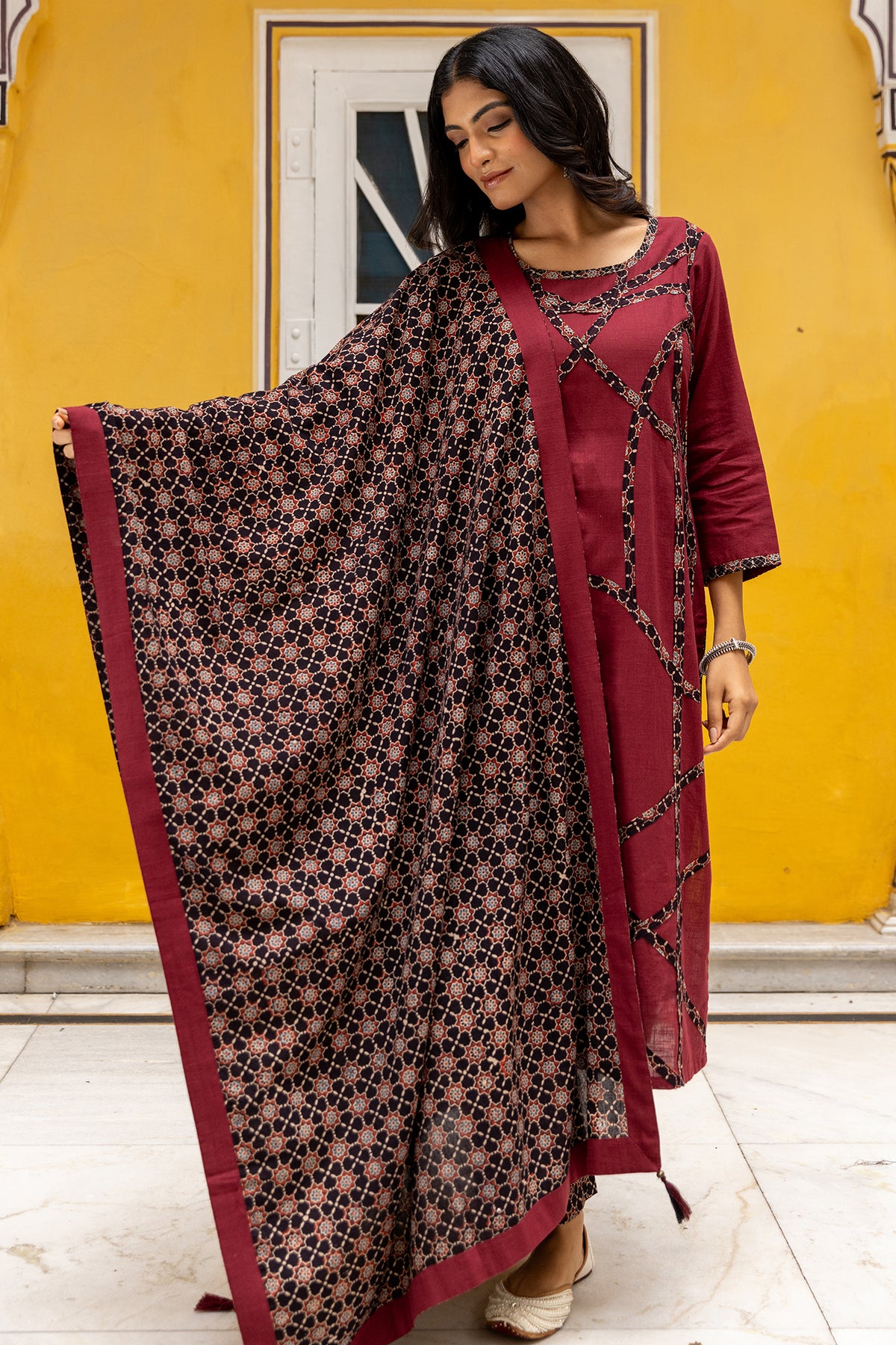 Cotton Ajrakh Print Dupatta with Plain Side Border and Tassels
