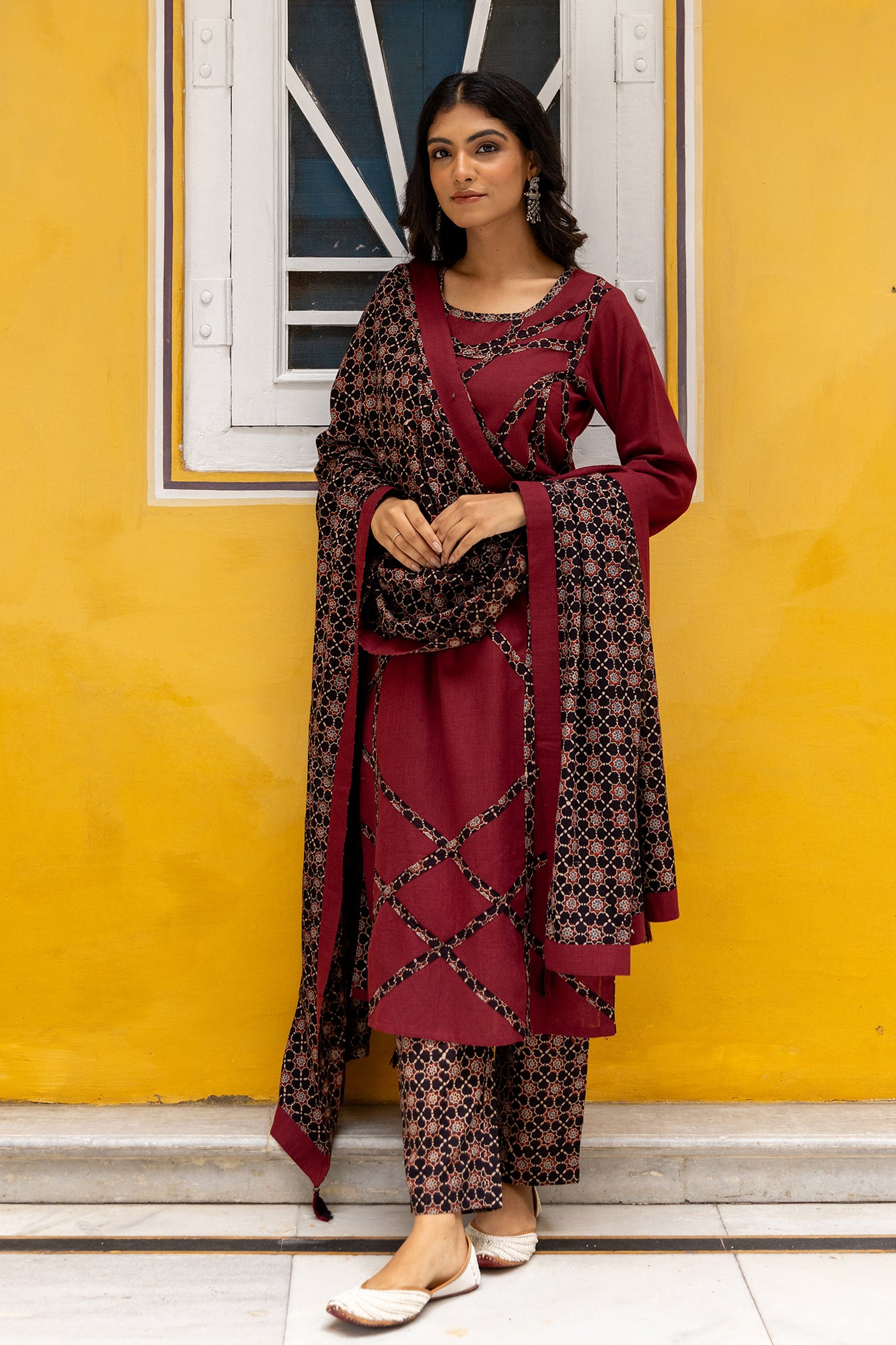 Maroon 3-Piece Slub Cotton Ajrakh Patchwork Suit Set for women