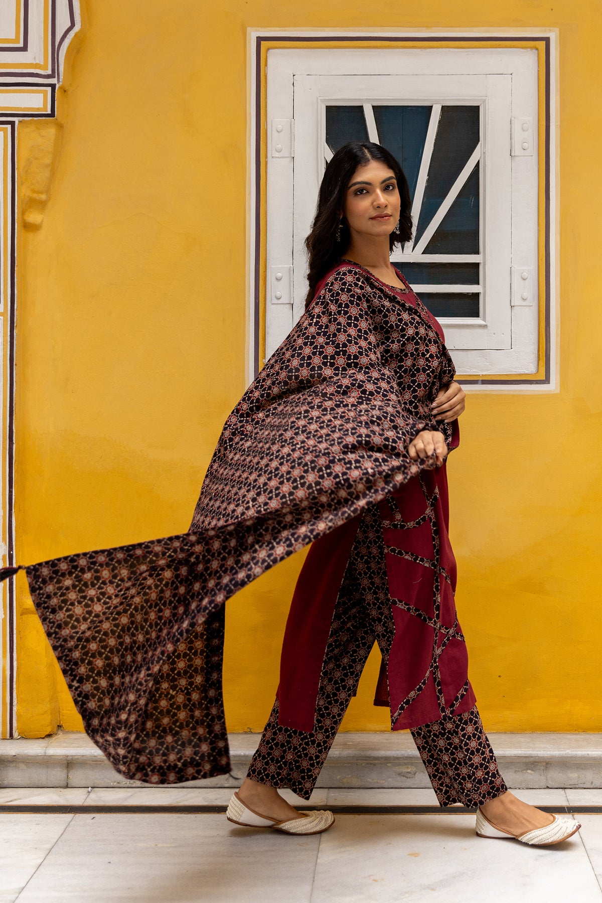 Cotton Ajrakh Print Dupatta with Plain Side Border and Tassels