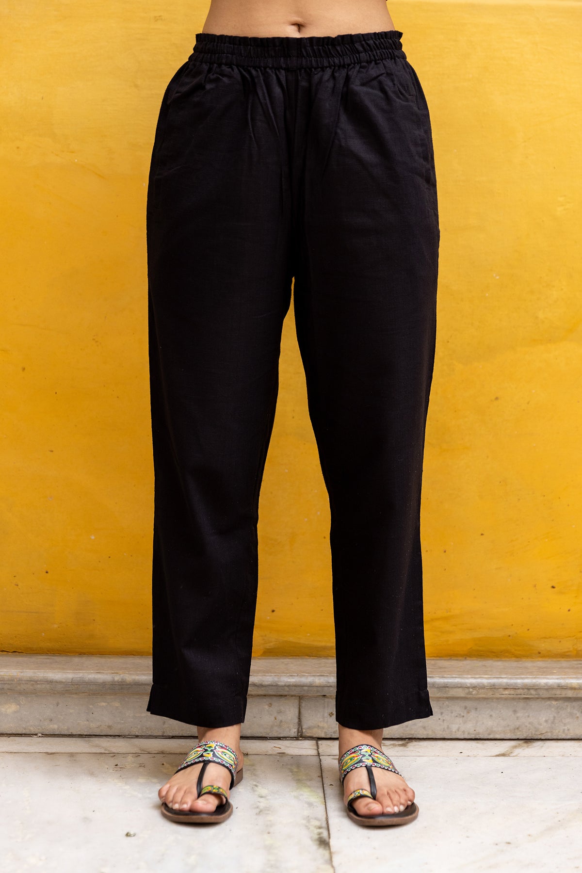 Solid Black Slub Cotton Pants with Elastic Waist