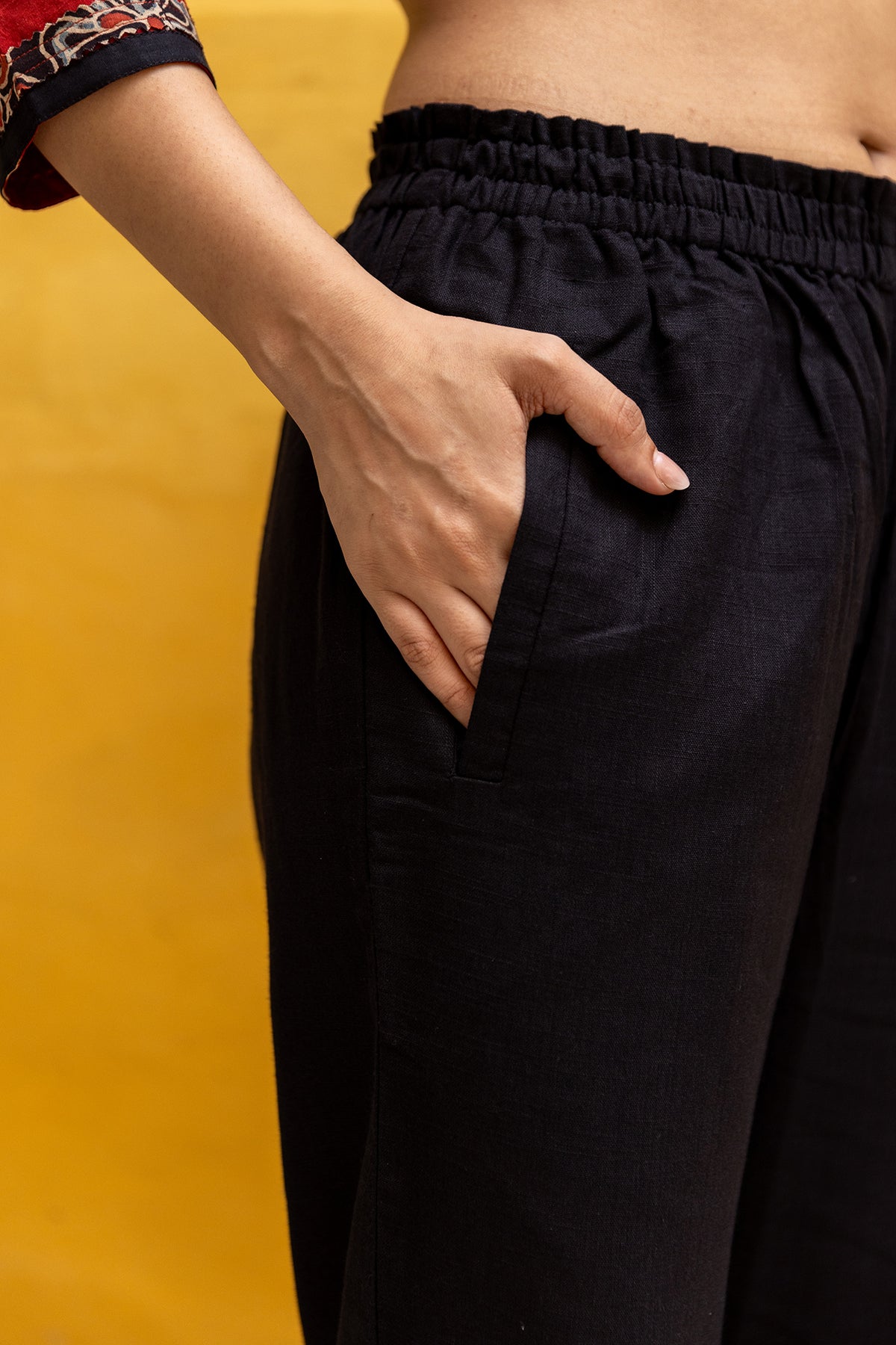 Solid Black Slub Cotton Pants with Elastic Waist