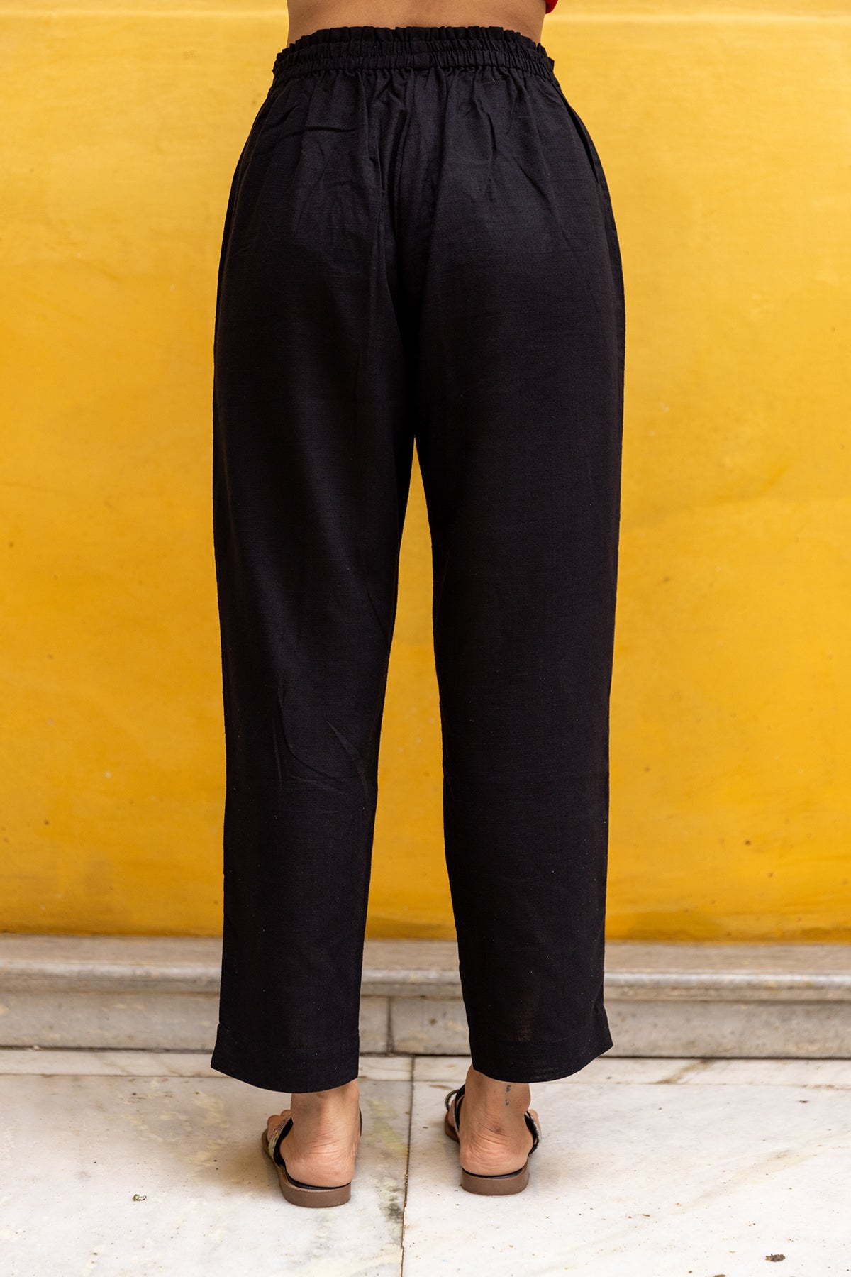 Solid Black Slub Cotton Pants with Elastic Waist