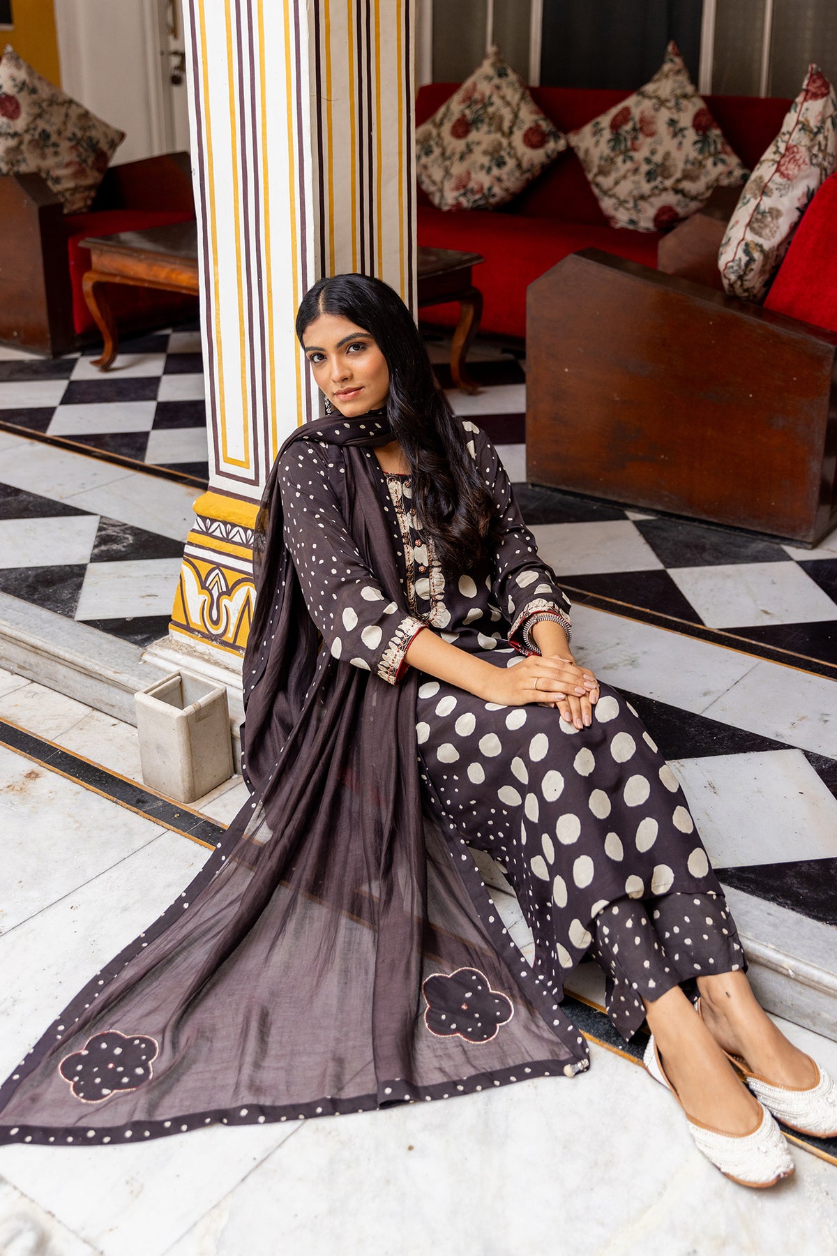 Soft Black Chanderi Dupatta with Bagru Patchwork