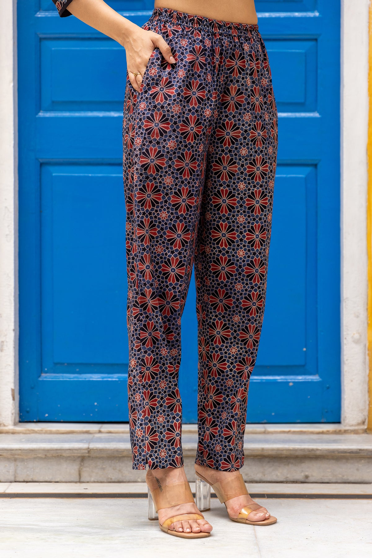 Cotton Ajrakh Printed Pants in Blue with Elastic Waist