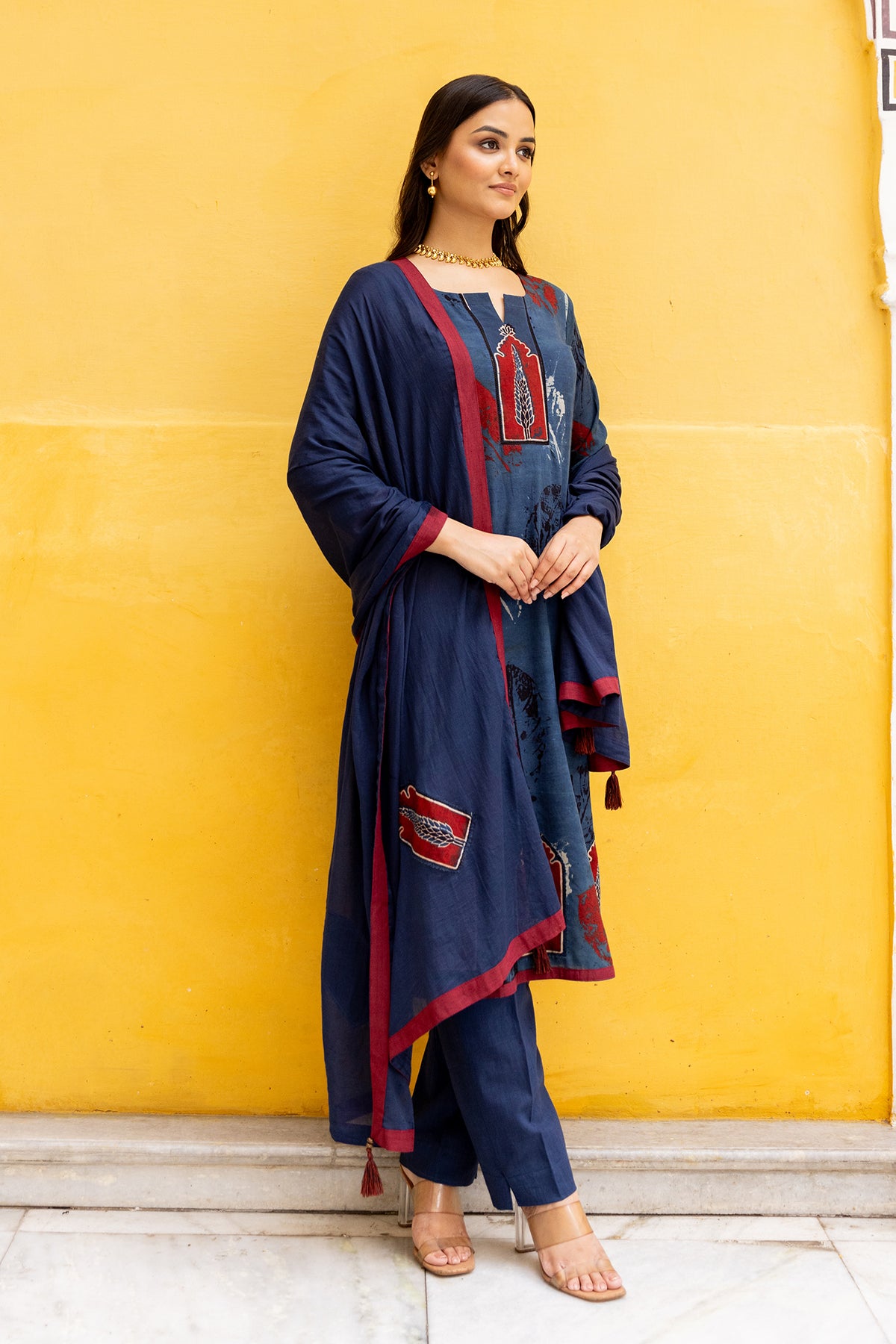 Blue Cotton Dupatta with Ajrakh Boota Patchwork and Tassels