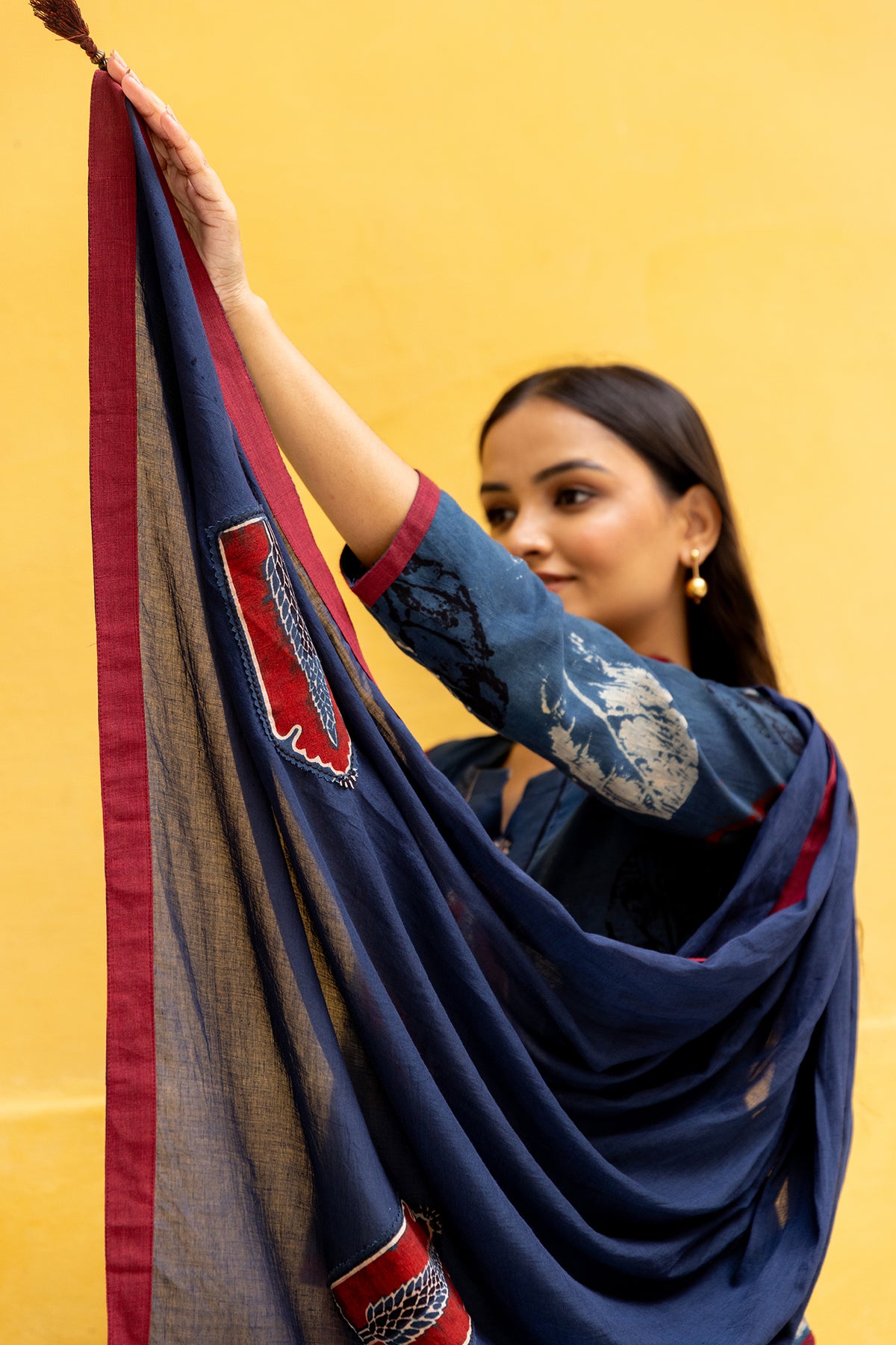 Blue Cotton Dupatta with Ajrakh Boota Patchwork and Tassels