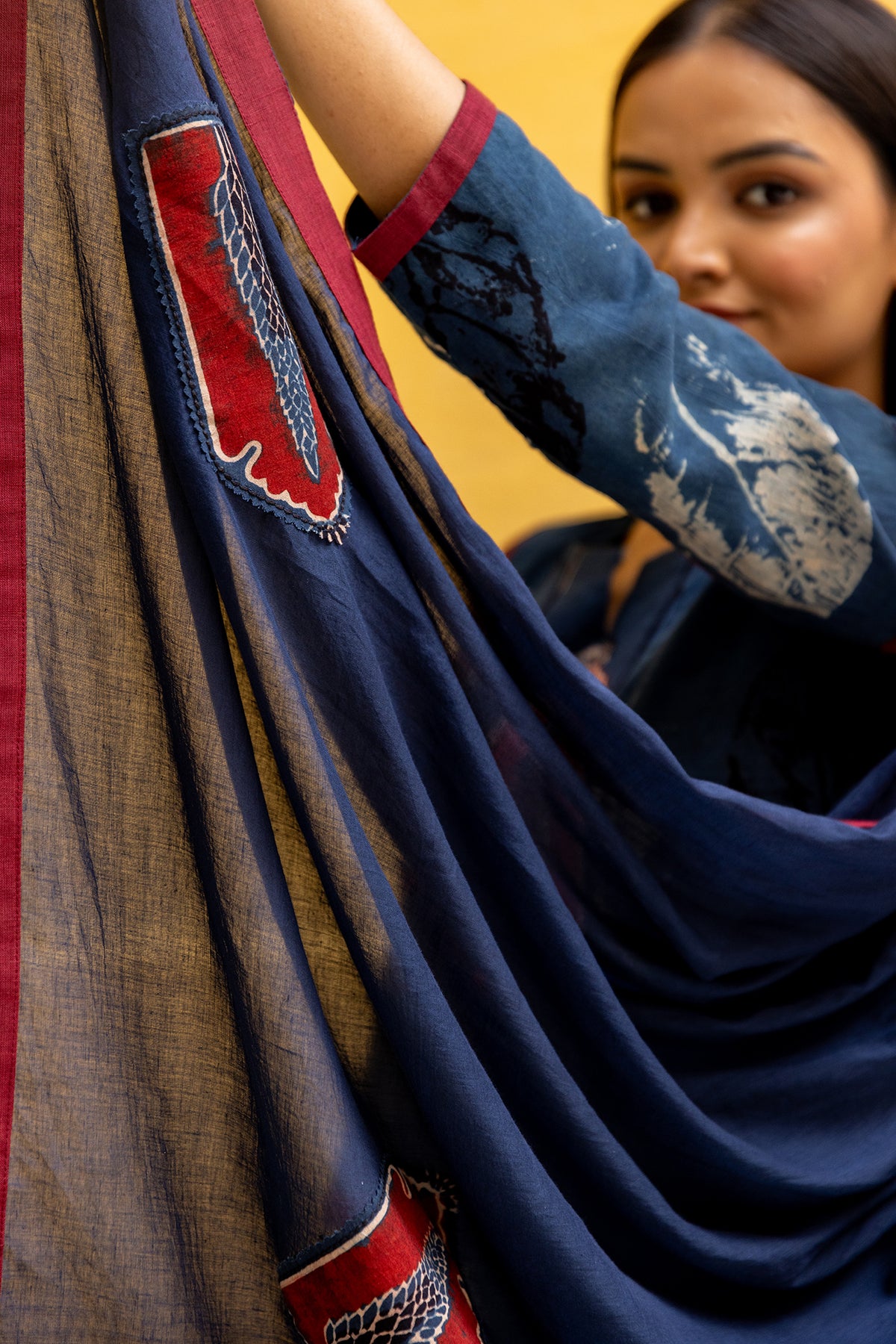 Blue Cotton Dupatta with Ajrakh Boota Patchwork and Tassels