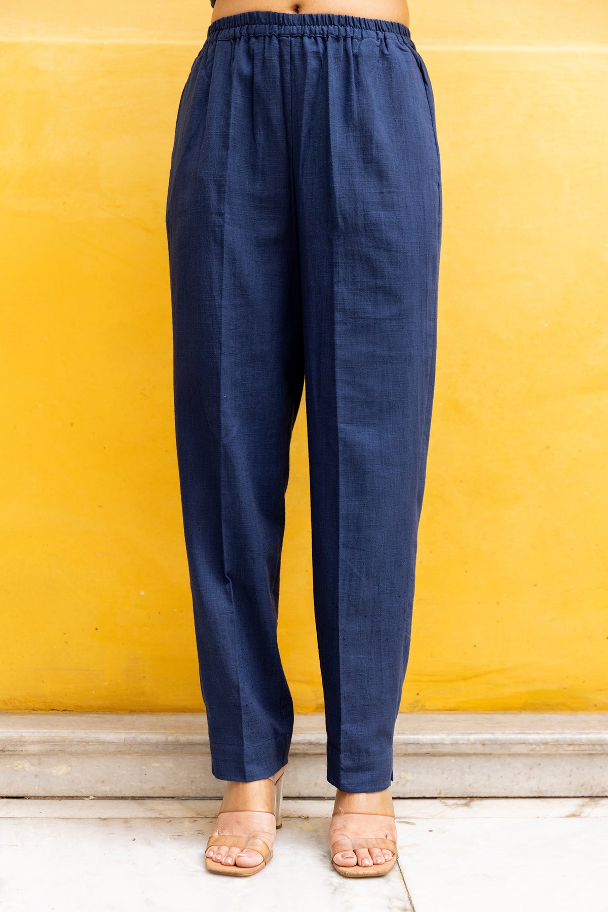 Solid Blue Slub Cotton Classic Pants