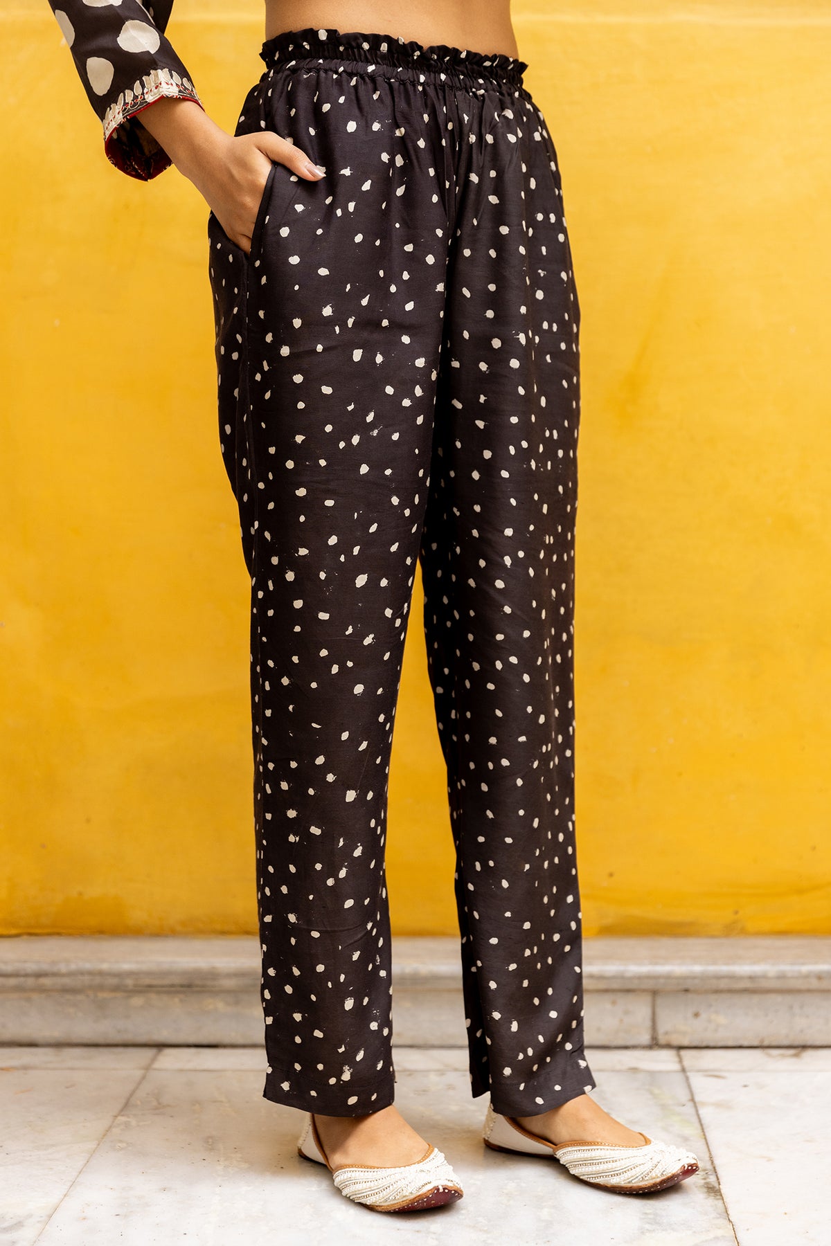 Black & White Polka Dot Muslin Pants in Bagru Block Print