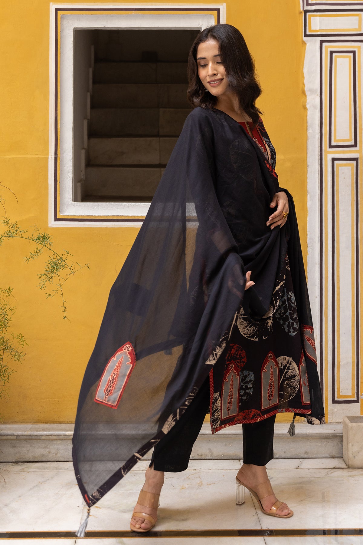 Black Cotton Dupatta with Ajrakh Patchwork and Tassels