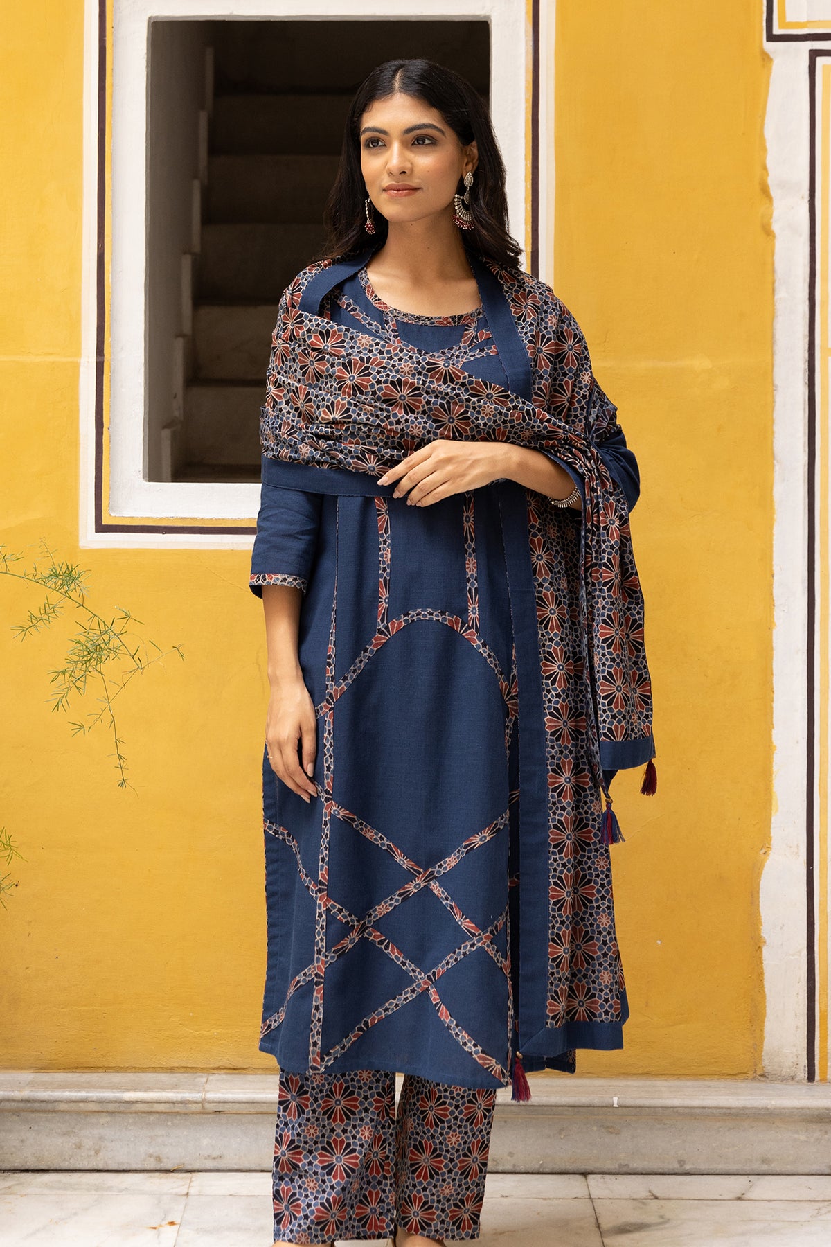 Cotton Ajrakh Print Dupatta with Plain Side Border and Tassels