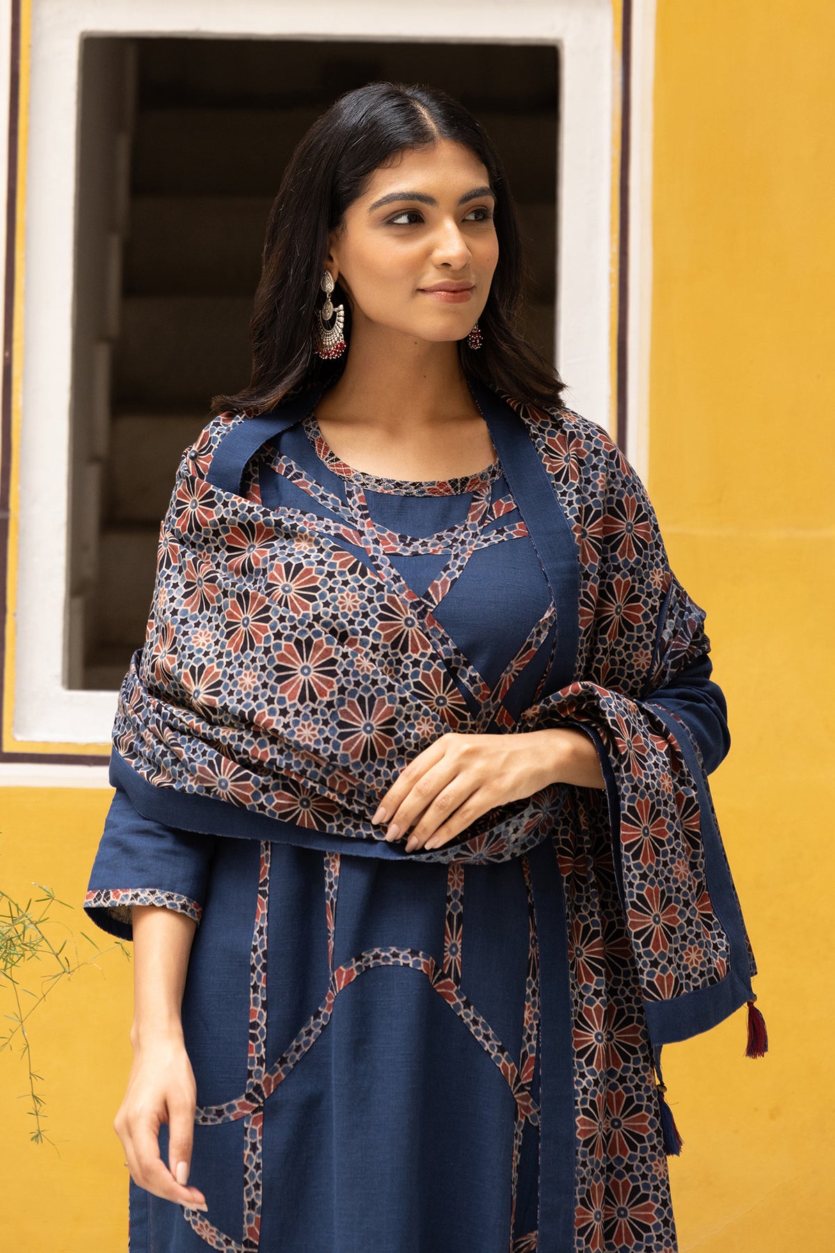 Cotton Ajrakh Print Dupatta with Plain Side Border and Tassels