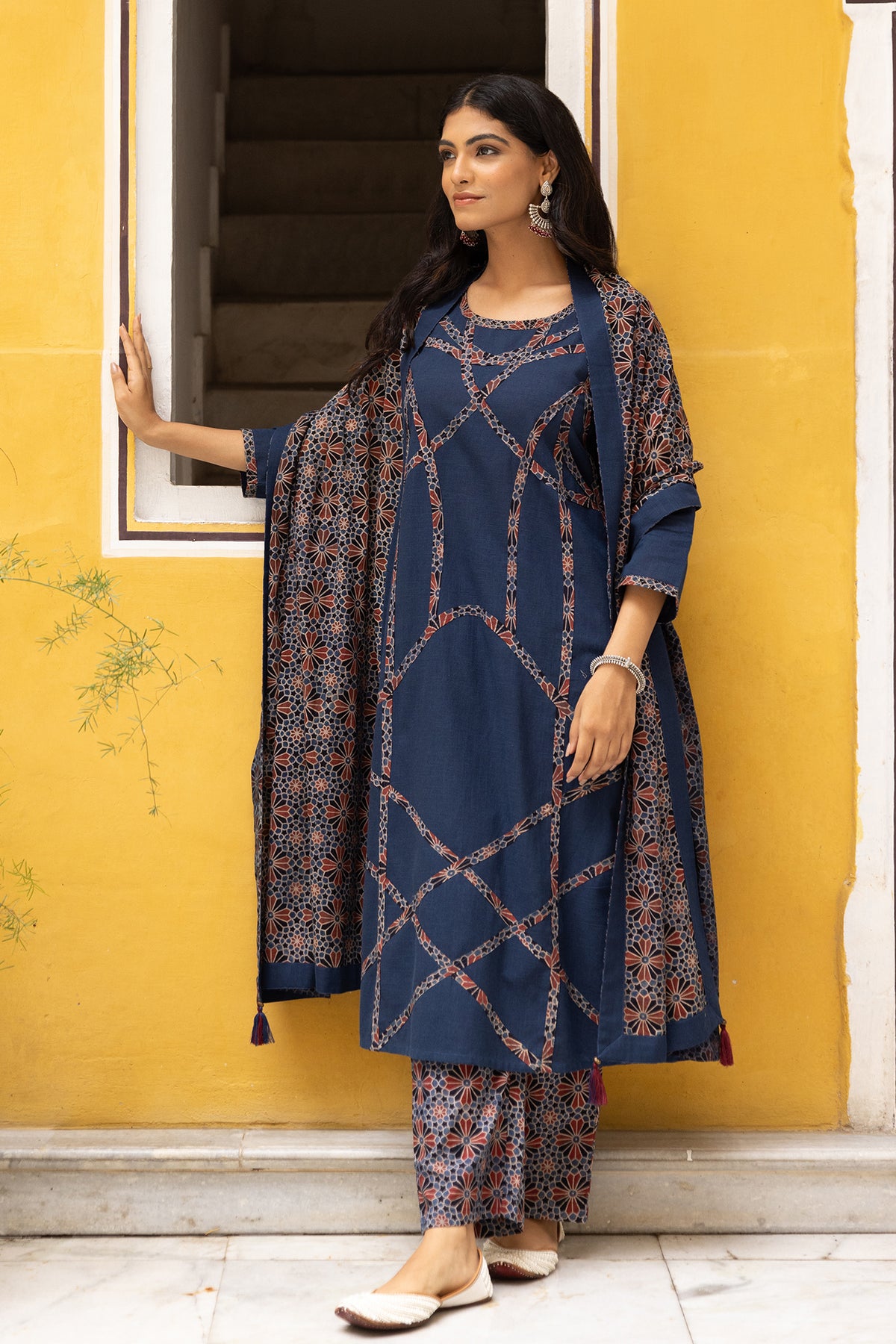 Cotton Ajrakh Print Dupatta with Plain Side Border and Tassels
