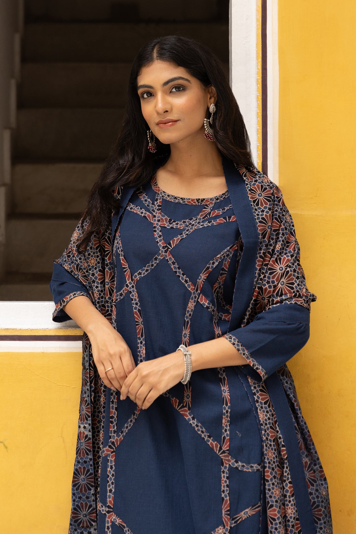 Cotton Ajrakh Print Dupatta with Plain Side Border and Tassels