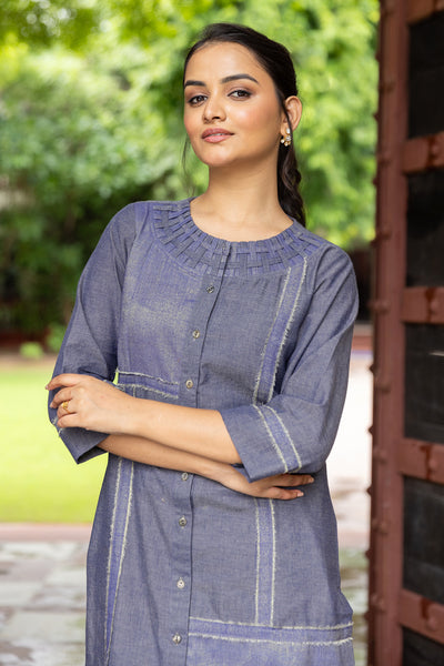 Yarn-Dyed Cotton Zari Long Kurta