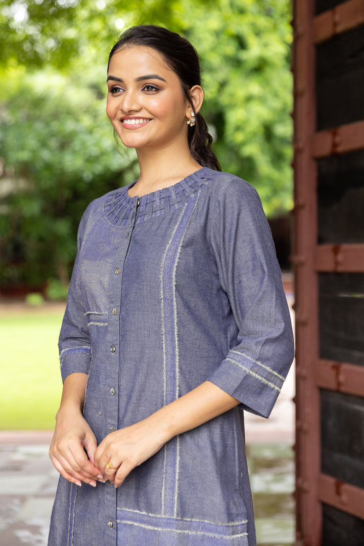 Yarn-Dyed Cotton Zari Long Kurta