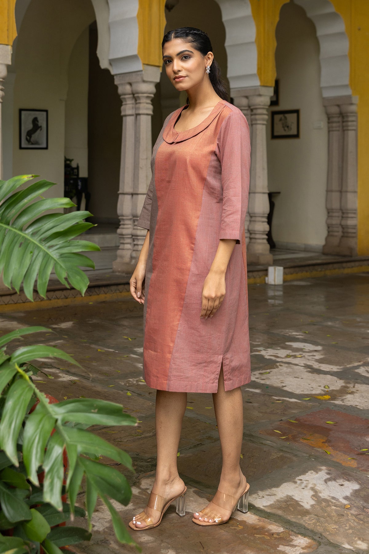 Mid-Length Handwoven Dress with Zari Cotton and Thread Work