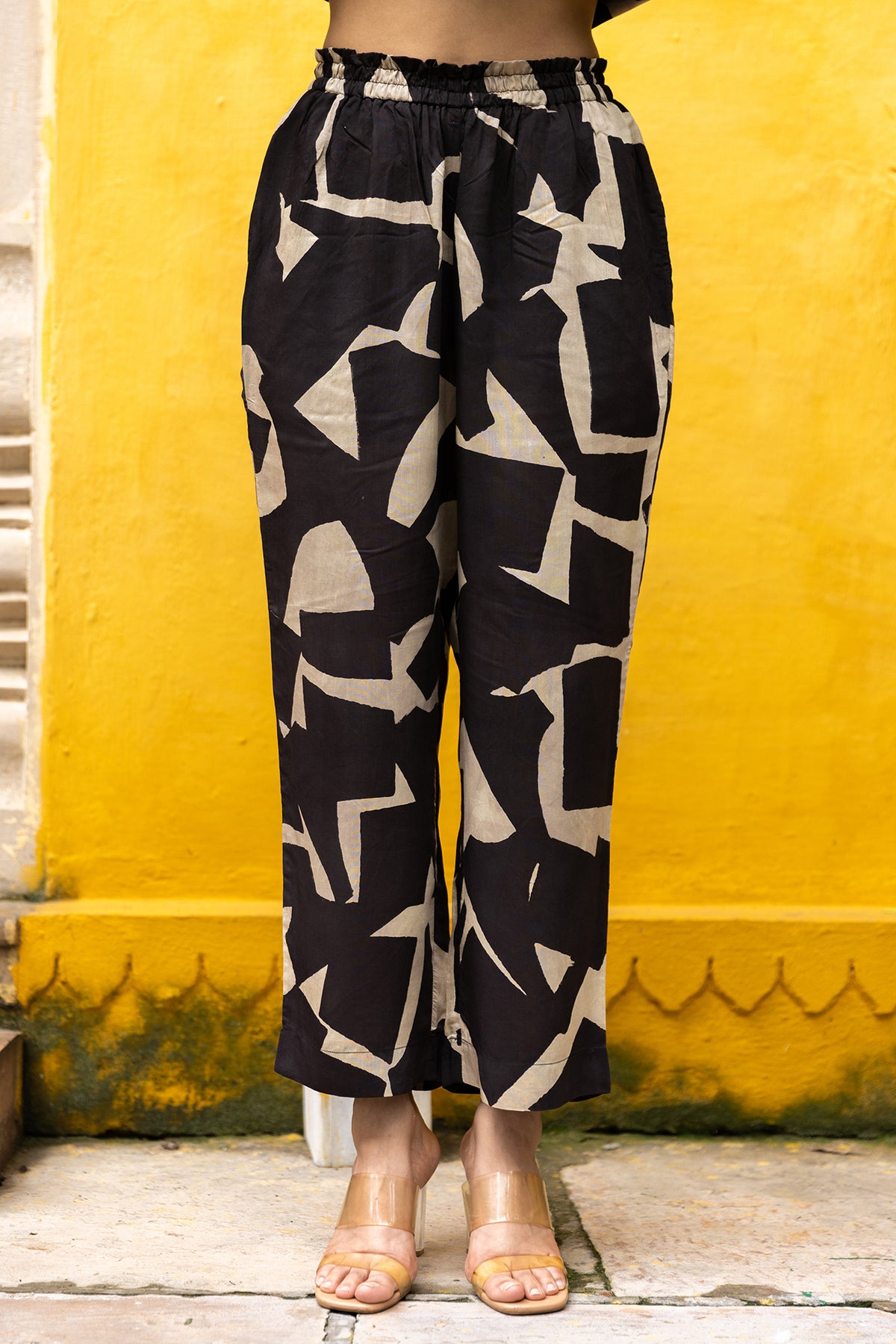 Muslin Bell Bottom Pants with Abstract Bagru Print