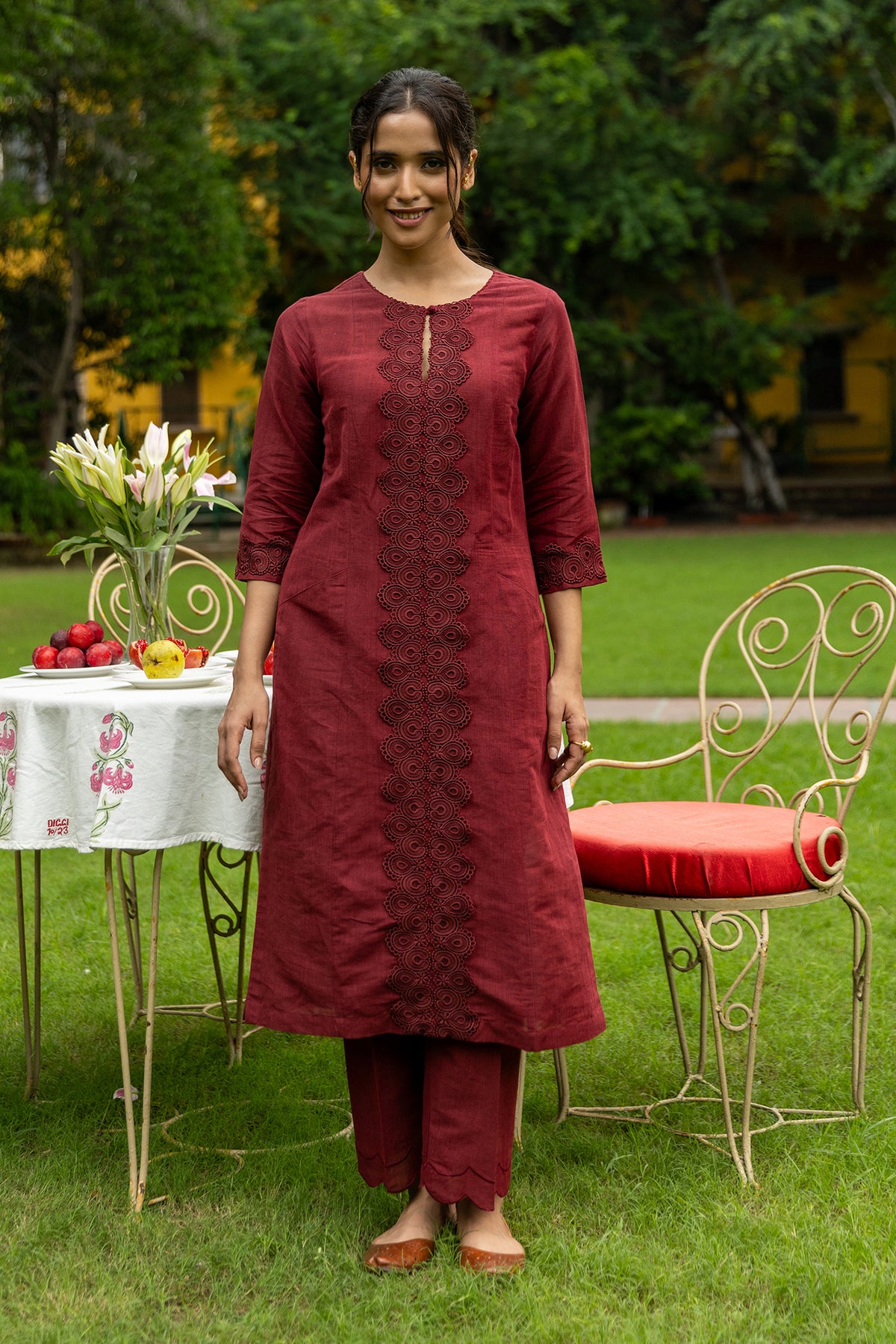 Long Maroon Linen Kurta with Lacework and Qureshia Buttons