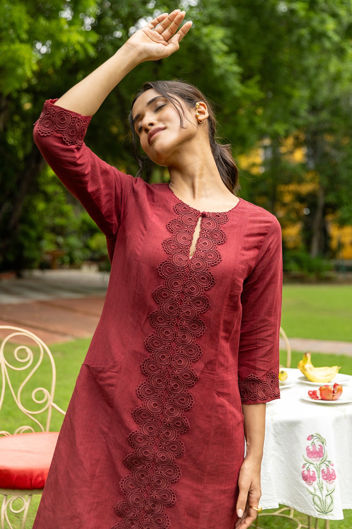 Long Maroon Linen Kurta with Lacework and Qureshia Buttons