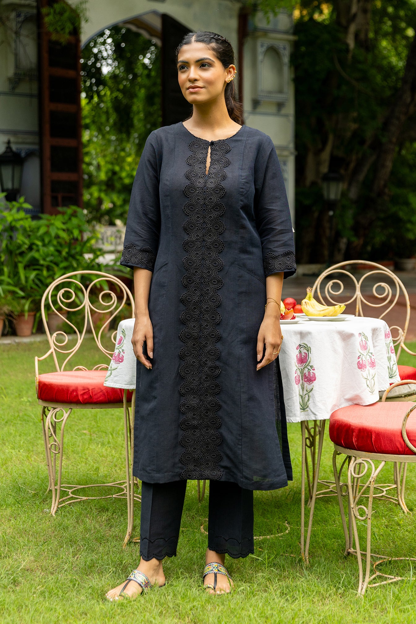 black Co-ord set for women with lace detailing