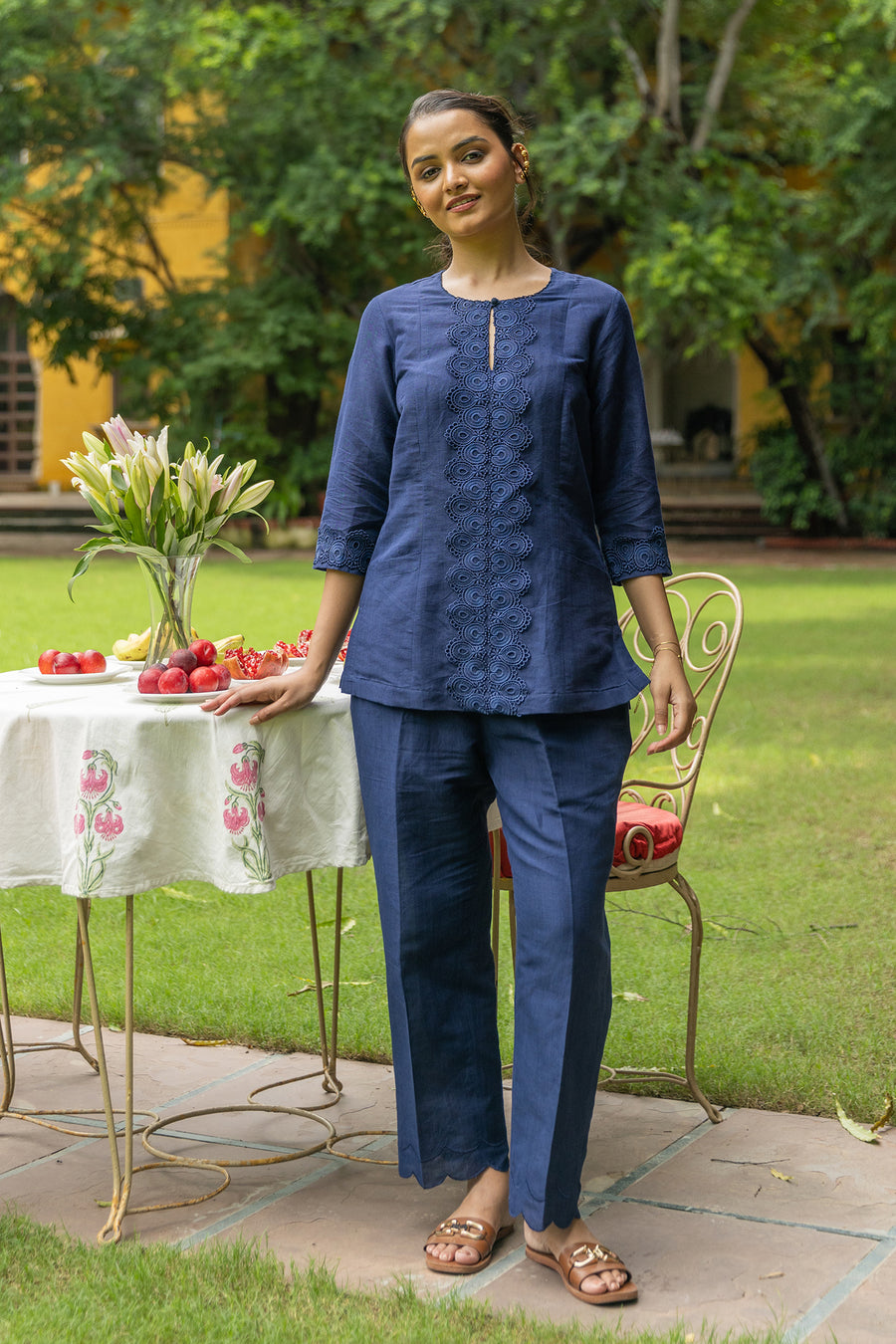 two-piece solid blue linen co-ord set for women