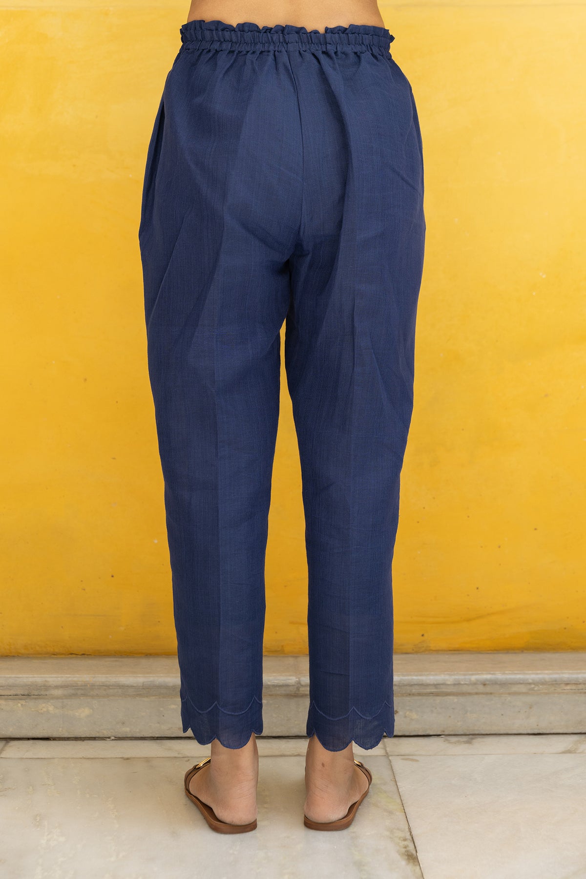 Blue Linen Pants with Elastic Waistband and Scalloped Hem