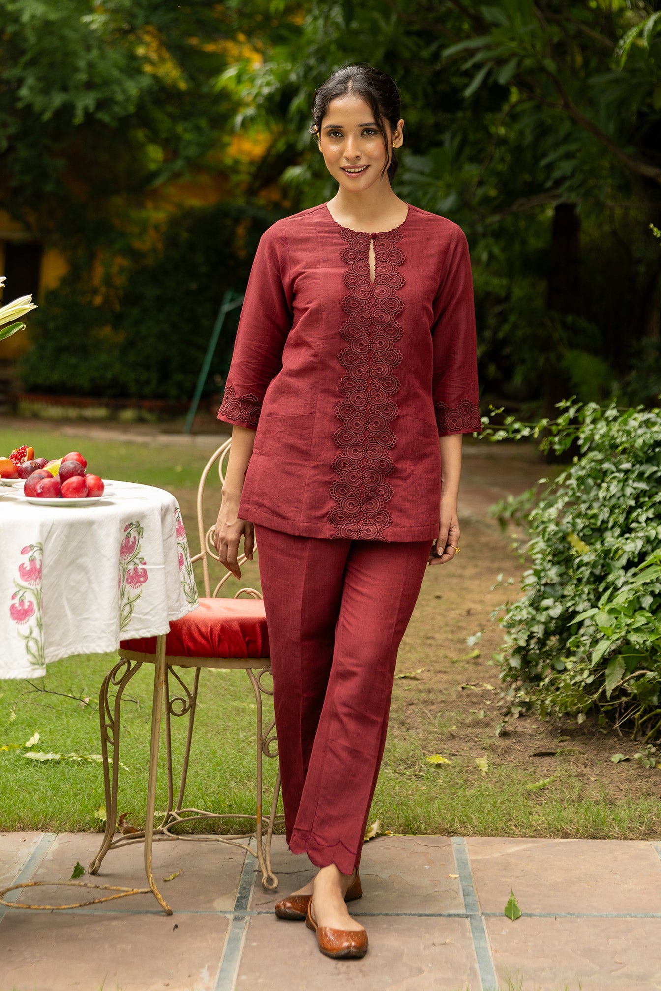 maroon linen co-ord set for women with matching pant