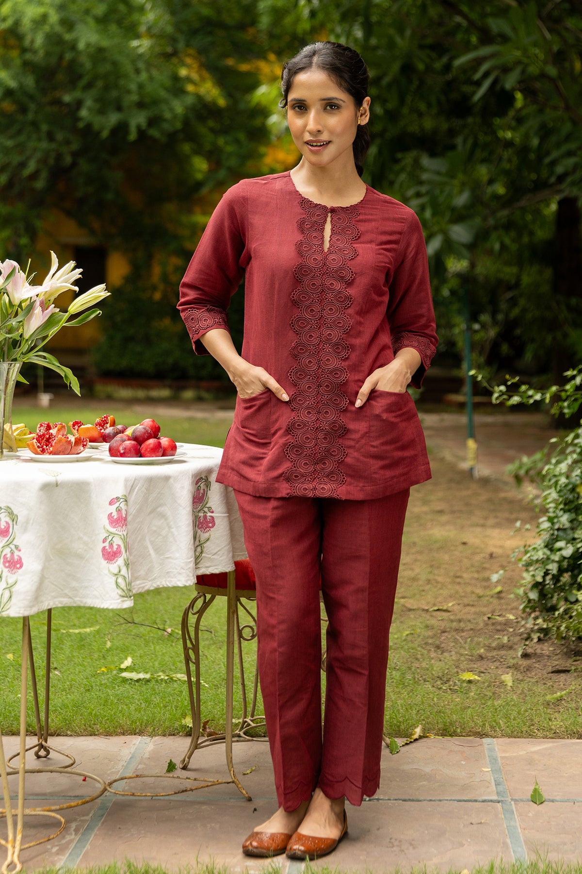 Handwoven Maroon Linen Kurti with Lacework and Qureshia Buttons