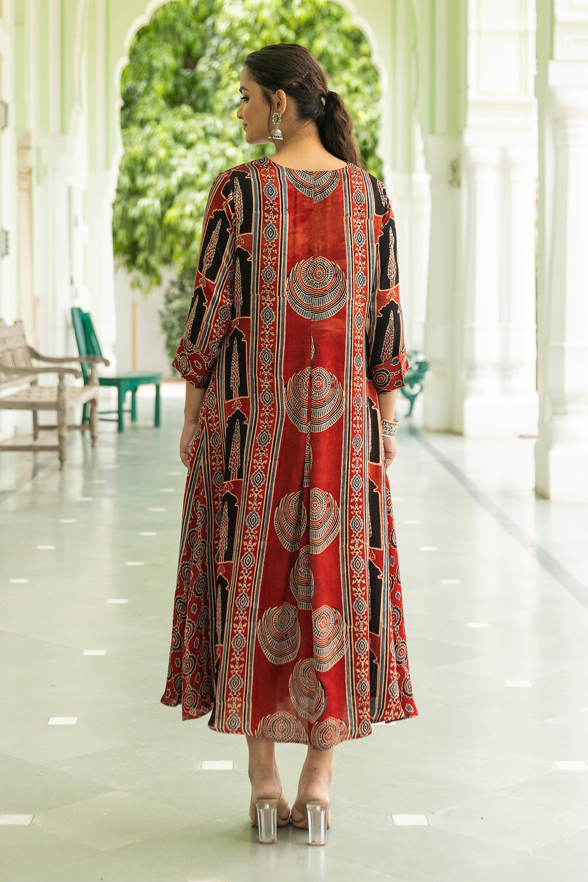 Red Modal Pleated Dress with Ajrakh Hand Block Print