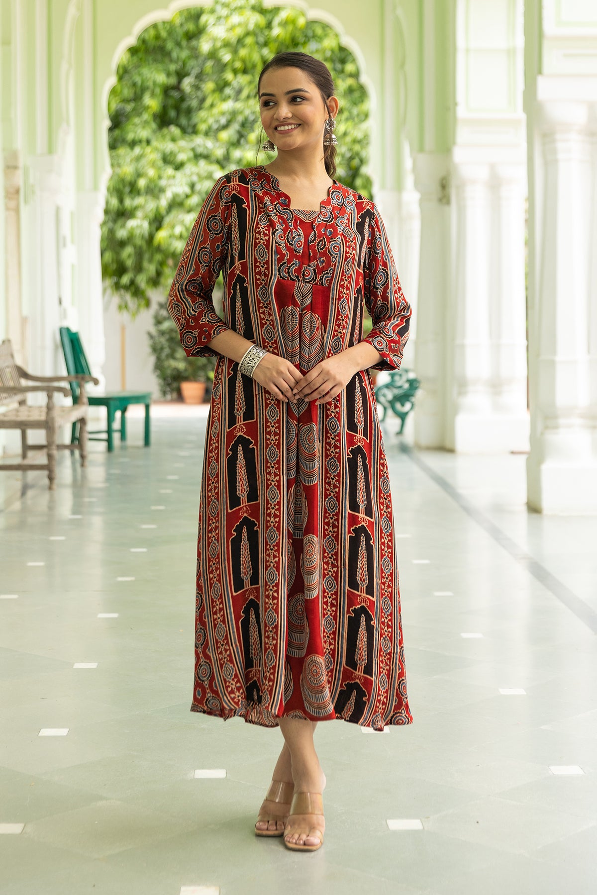 Red Modal Pleated Dress with Ajrakh Hand Block Print