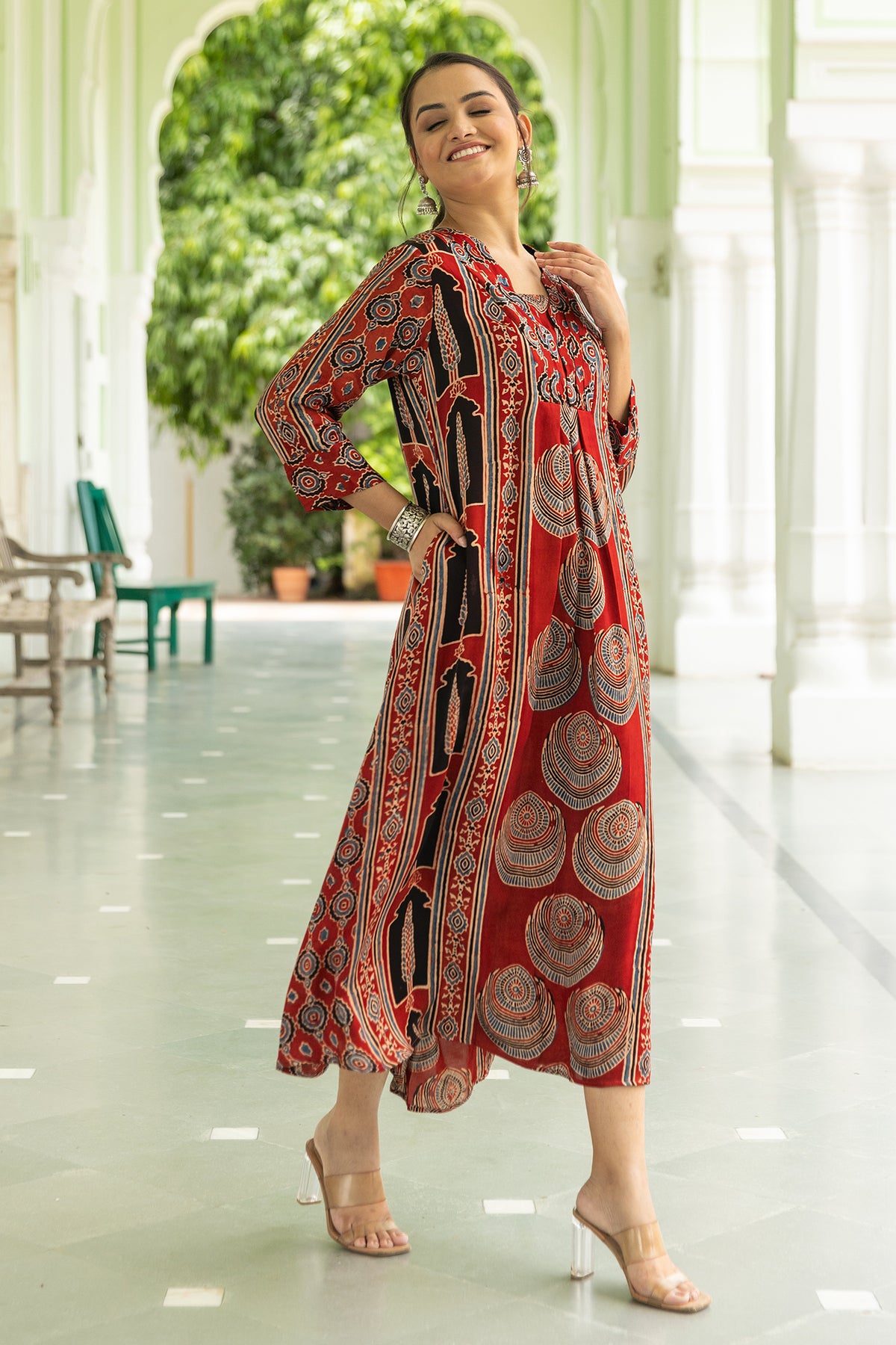 Red Modal Pleated Dress with Ajrakh Hand Block Print