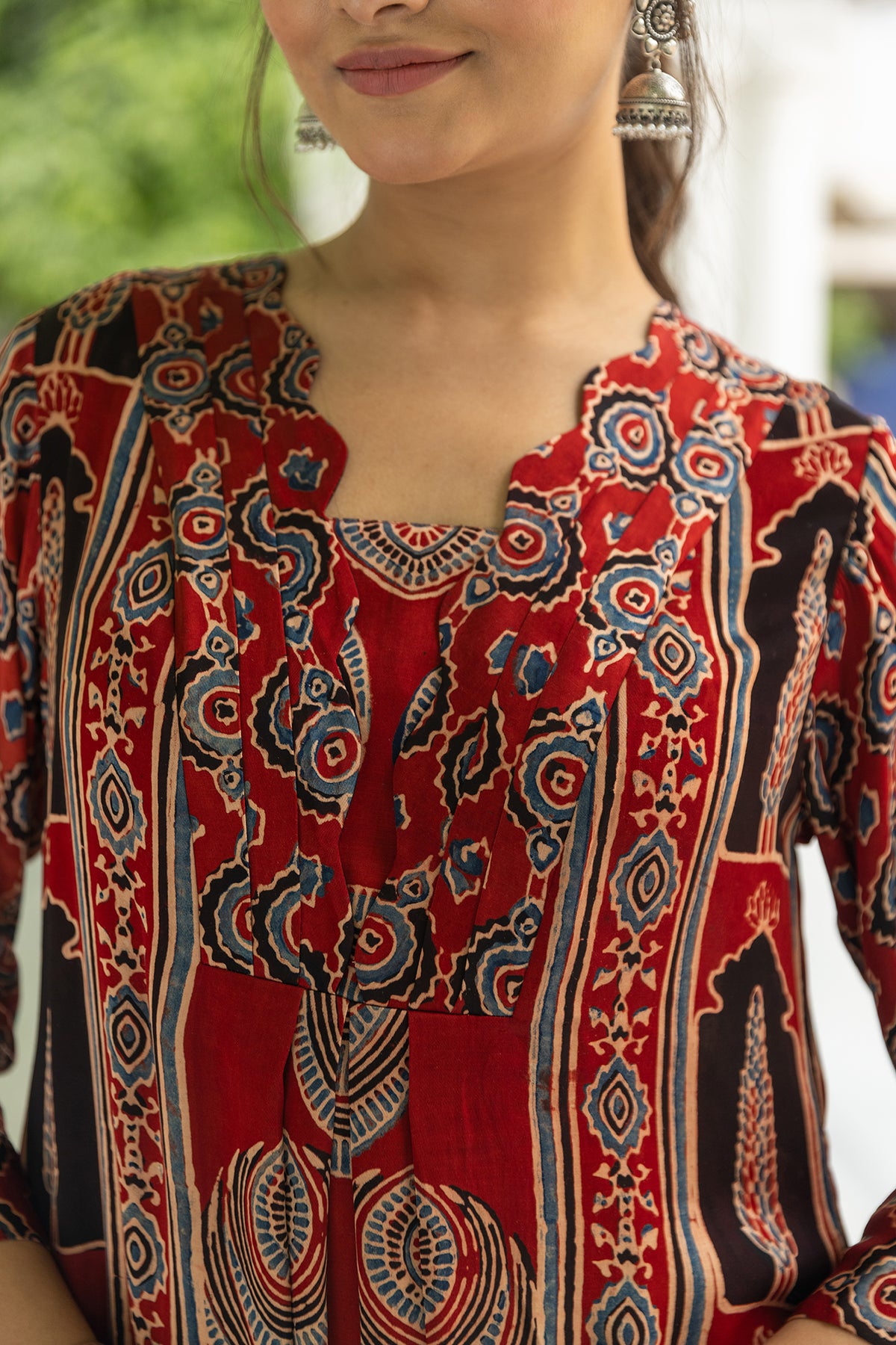 Red Modal Pleated Dress with Ajrakh Hand Block Print