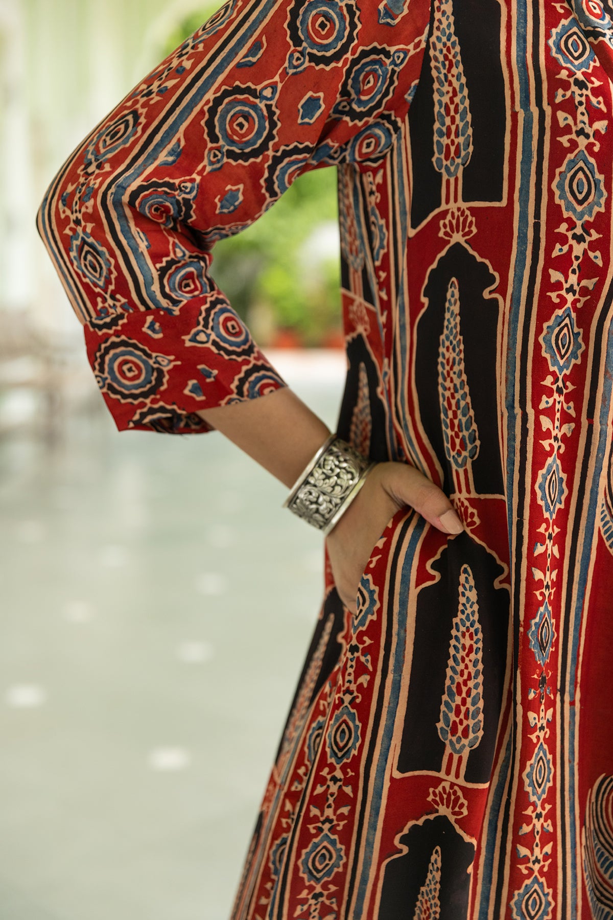 Red Modal Pleated Dress with Ajrakh Hand Block Print