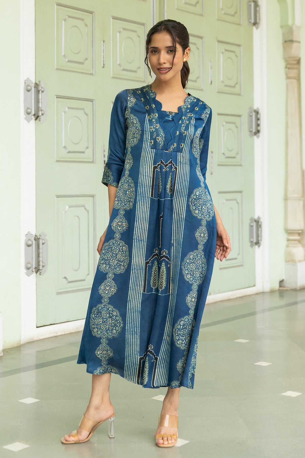 Soft Modal Pleated Dress with Ajrakh Hand Print