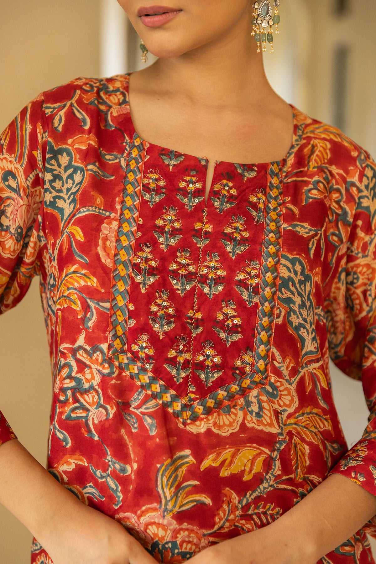 Festive Suit Set in Red Printed Muslin with Chanderi Patch Dupatta