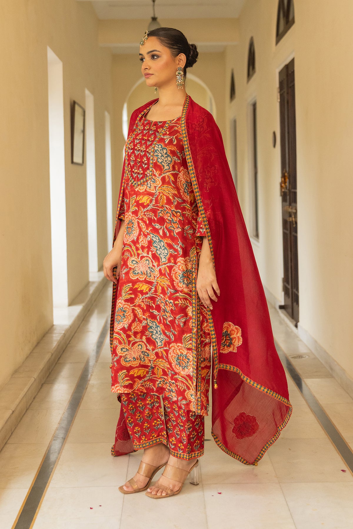 Festive Suit Set in Red Printed Muslin with Chanderi Patch Dupatta