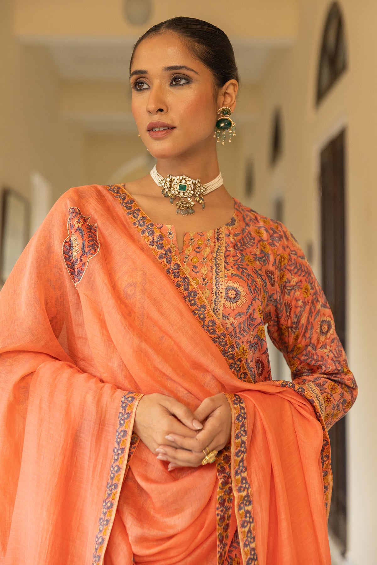 suit set in mul chanderi print for women