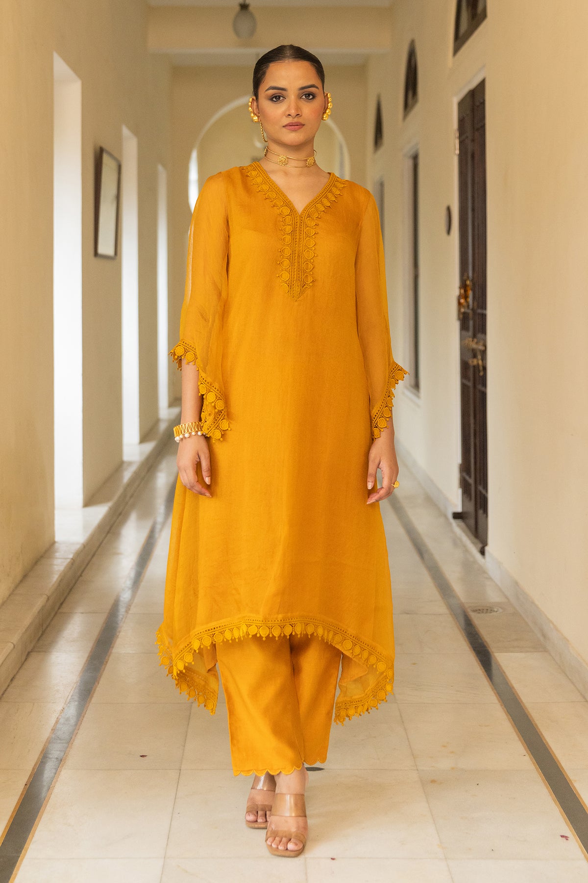  Mustard Organza Suit Set with matching dupatta
